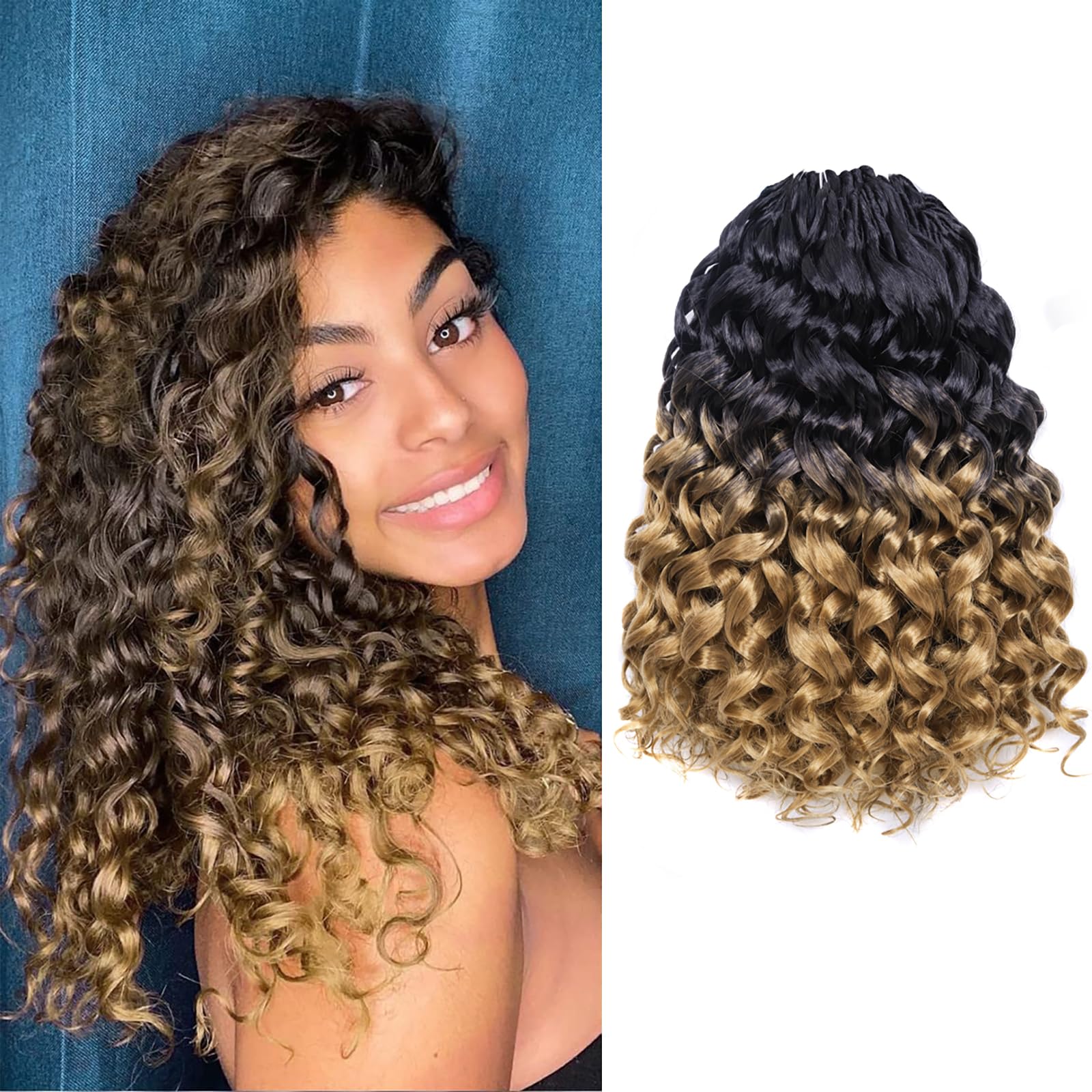 Toyotress Beach Curl Crochet Hair - 14 Inch 8 Packs Ombre Blonde Ocean Wave Crochet Hair, Short Curly Water Wave Synthetic Braid