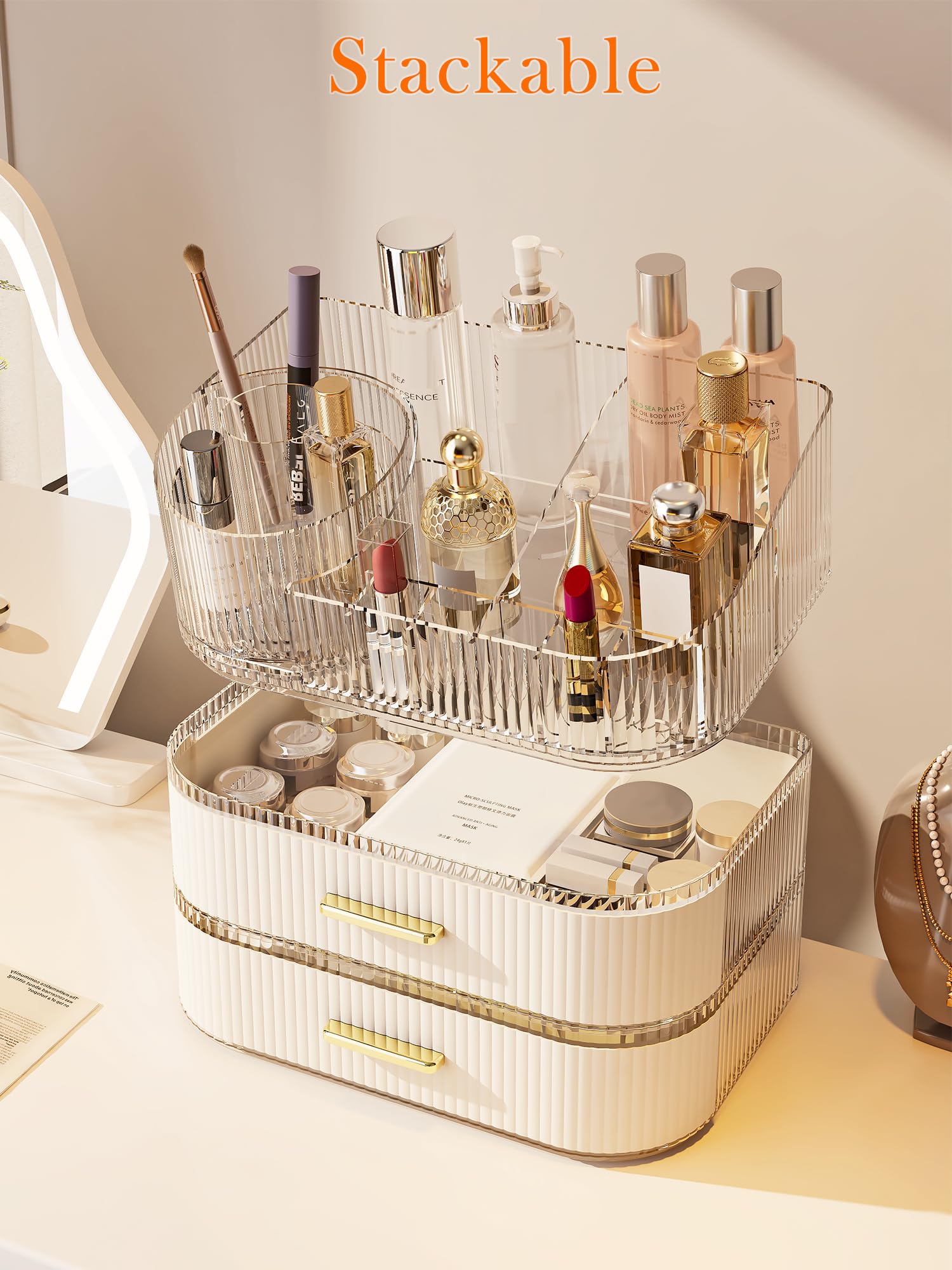 Makeup Organizer with Stackable Drawer, 360 Rotating Makeup Brush Holder, 11-inch Wide Large Cosmetic Display Case, Skincare Org