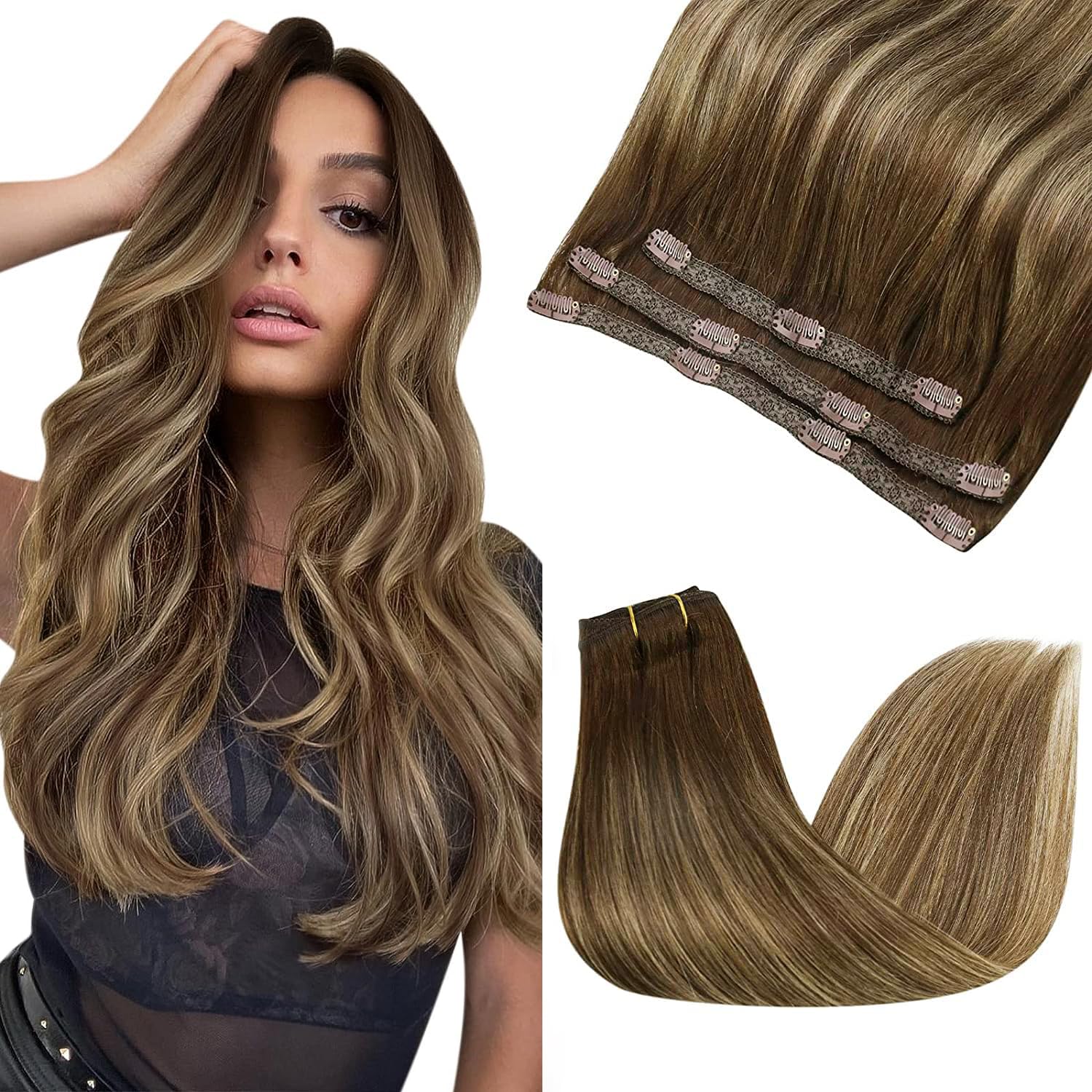 Sunny 22 Inch Human Hair Clip in Extensions Balayage Hair Extensions Clip ins Ombre Dark Brown Roots to Caramel Brown Blonde Cli