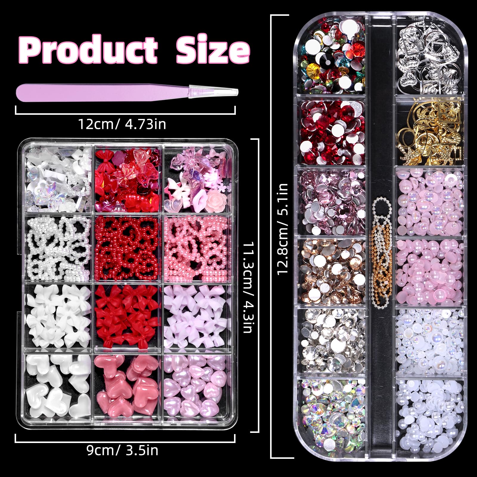 2 Boxes Mixed 3D Nail Charms And Gems, Red Pink Bows Flowers Acrylic Nail Charms Pearl Heart Nail Art Charms, Bows Heart Nail Ch