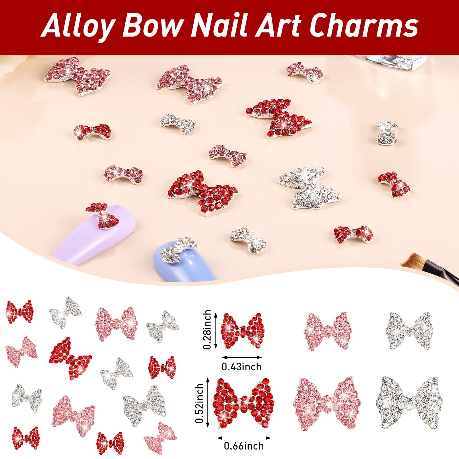Maitys 24 Pieces Valentine'S Day Nail Bows Charms Rhinestones 3D Nail Charms Nail Art Charms Alloy Pearl Bowknot Nail Accessory
