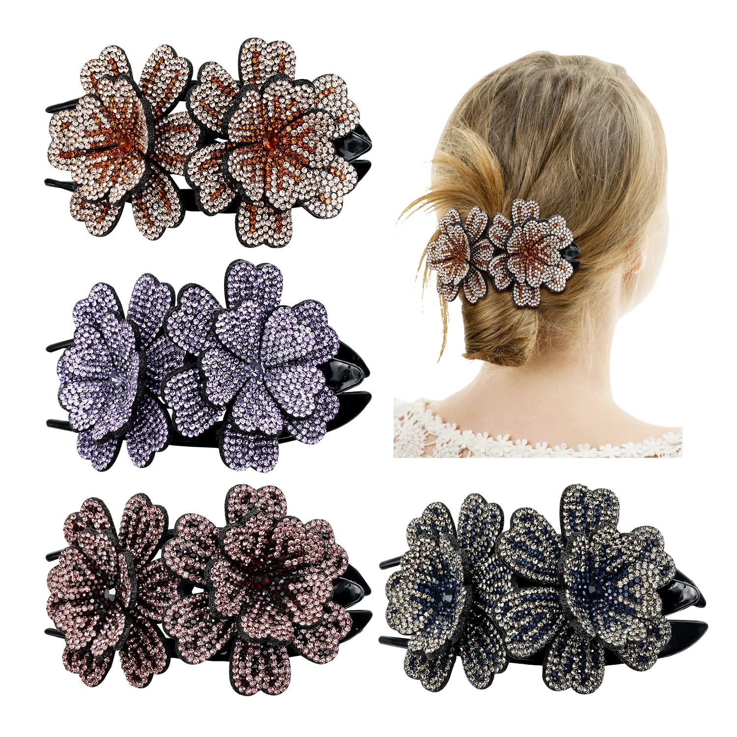 Insowni 4 Pack Luxury Fancy Gems Korean Decorative Glitter Sparkly Crystals Rhinestones Double Flower Hair Claws Clips Plastic B