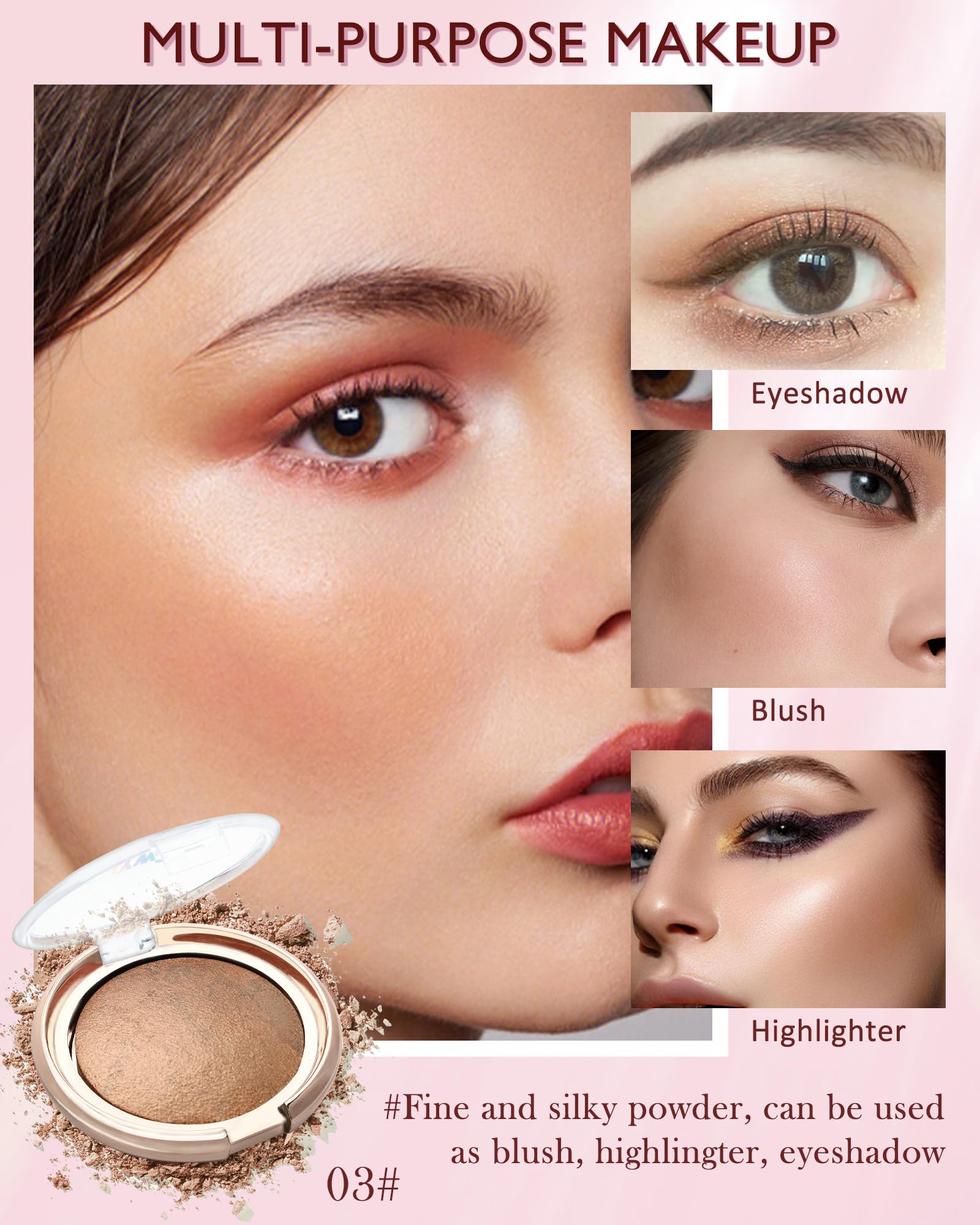 Baked Powder Blush-Brighten Glow Marbleized Blush Powder Palette,Lightweight Shimmery Face Blush For Cheeks,Eyeshadow & Highligh