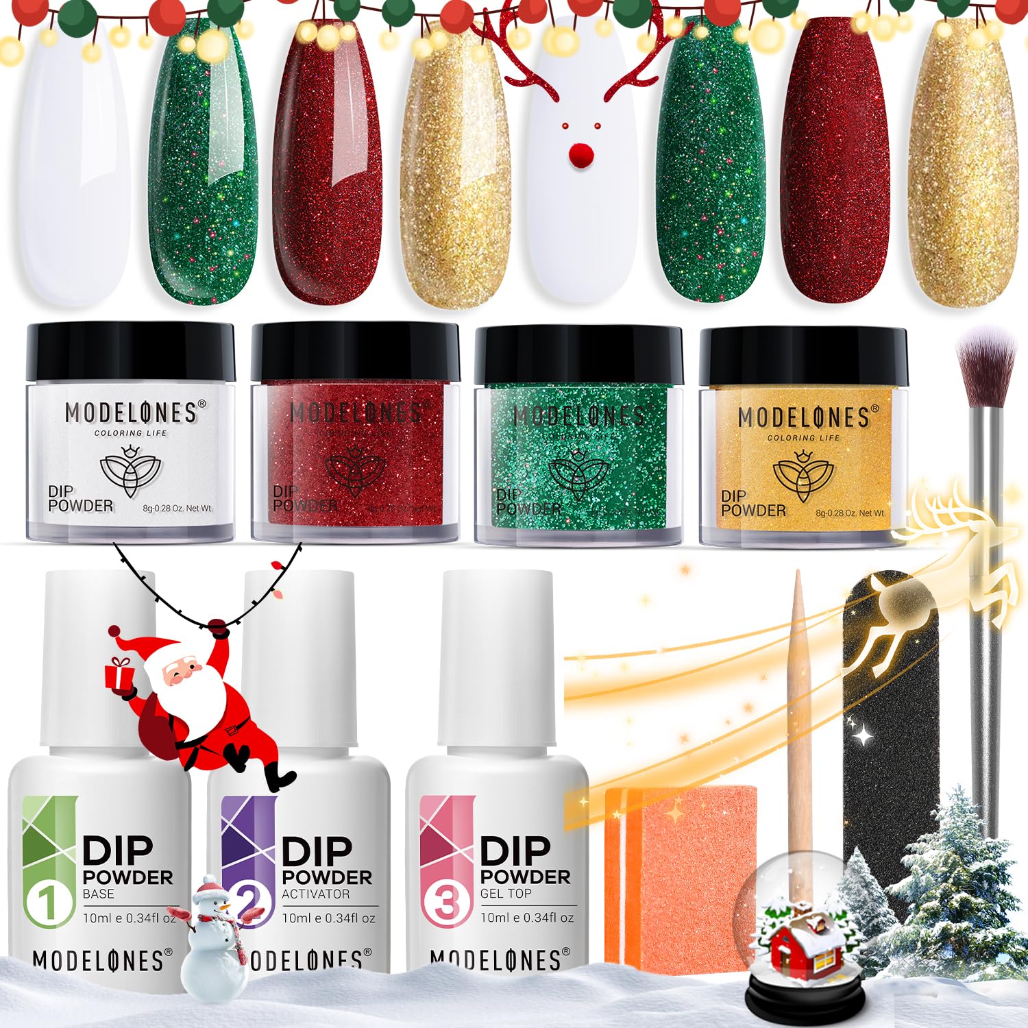Modelones 11 Pcs Christmas Dip Powder Nail Kit Starter, 4 Colors Red Green Gold Glitter Acrylic Dipping Powder System Essential 