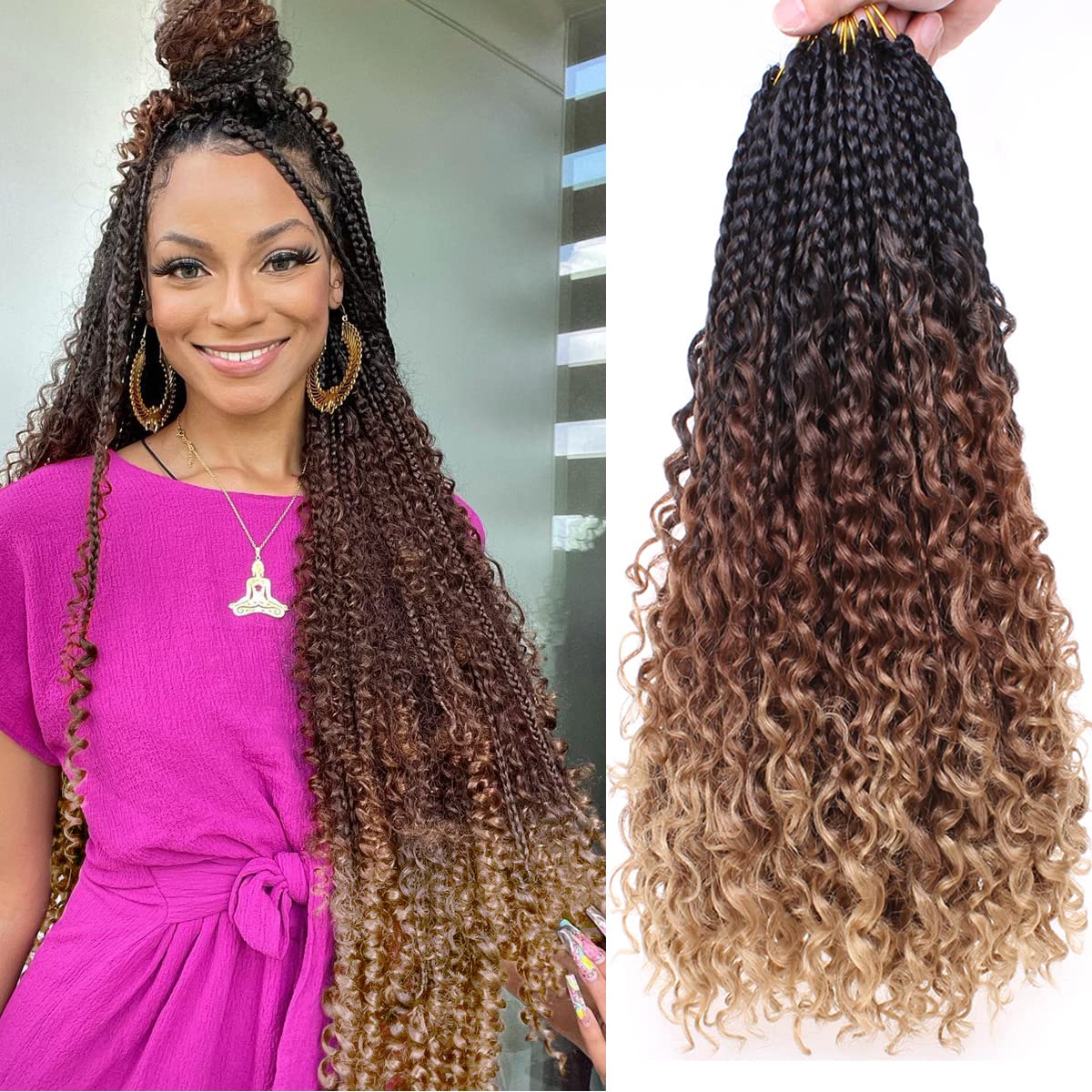 COOKOO 8 Packs Goddess Box Braids Crochet Hair With Curly Ends 18 Inch Goddess Crochet Hair Pre Looped Synthetic Bohemian Hippie