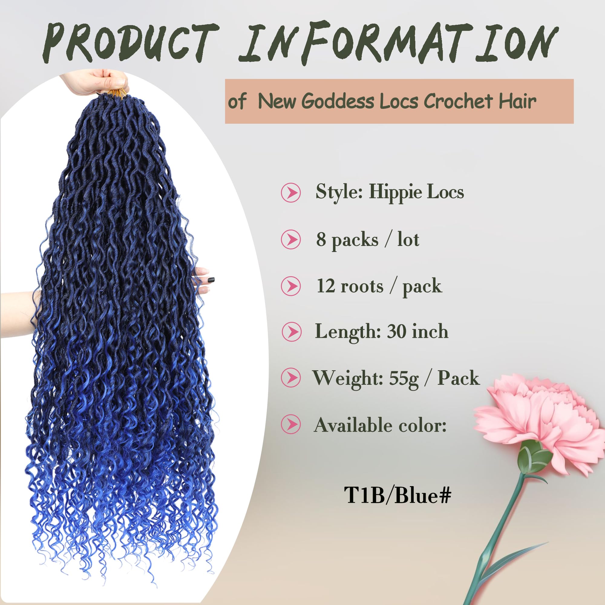 8 Packs Boho Goddess Locs Crochet Hair 18Inch Ombre Blue River Locs Crochet Hair Boho Faux Locs Wavy Hair With Curly Ends Pre-Lo