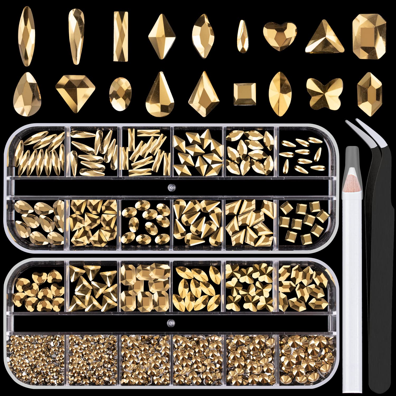 18 Styles Multi-shaped Glass Gemstones for Nails and 6 Sizes Round Crystal Rhinestones Kit #9, Mineral Gold Nail Art Charm Bead