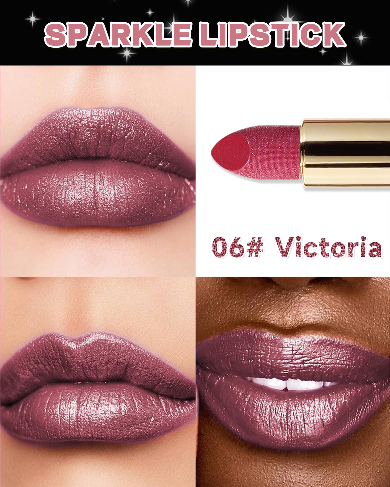 Diamond Glitter Matte Lipstick,Rose Brown Metallic Shimmer Lip Gloss Lip Tint Stain,Longlasting Waterproof Non-Stick Lip Color,F