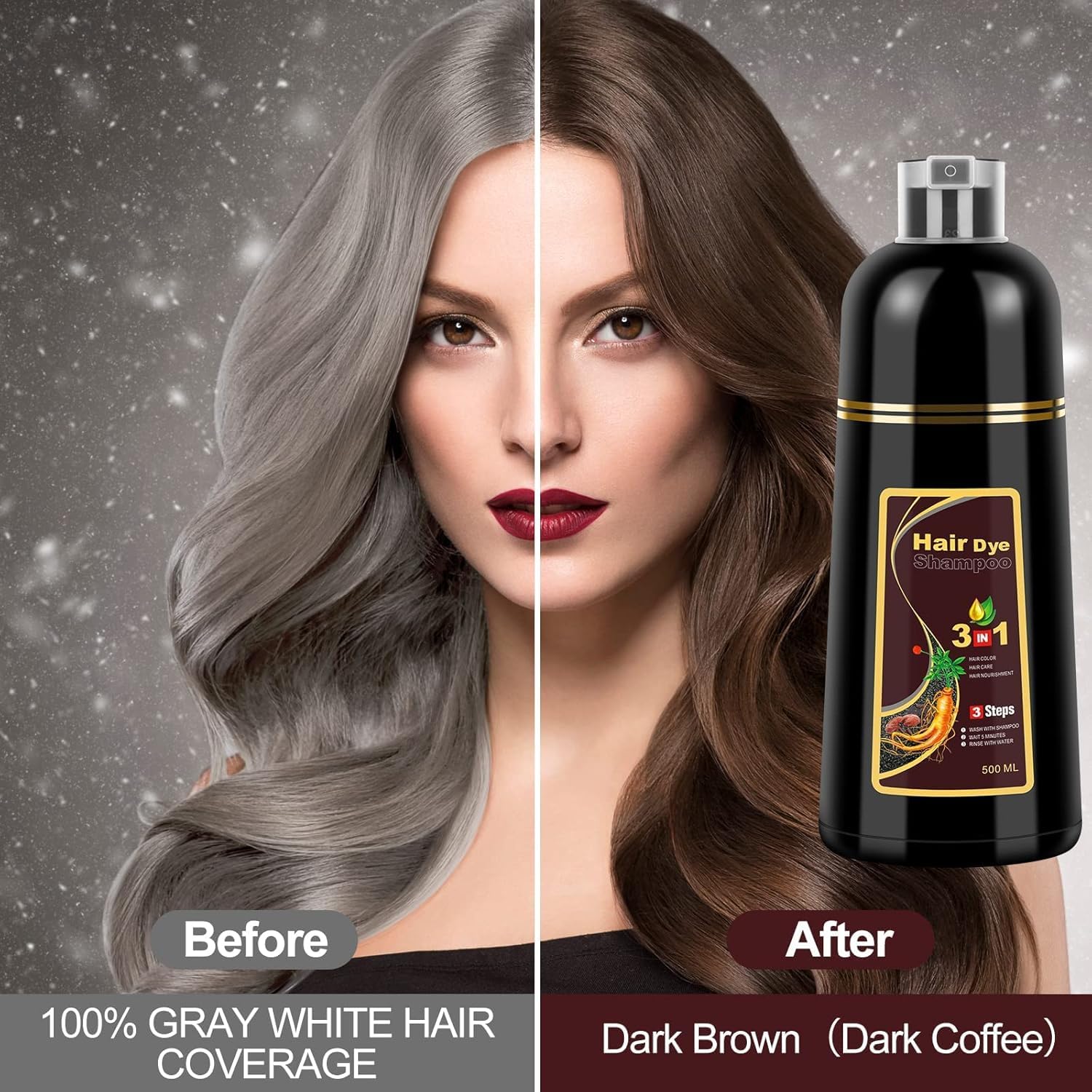 Meidu Hair Dye Shampoo 3 In 1 Dark Brown For Gray Hair Coverage, Instant Hair Color Shampoo Natural Plant Herbal Hair Dye Shampo