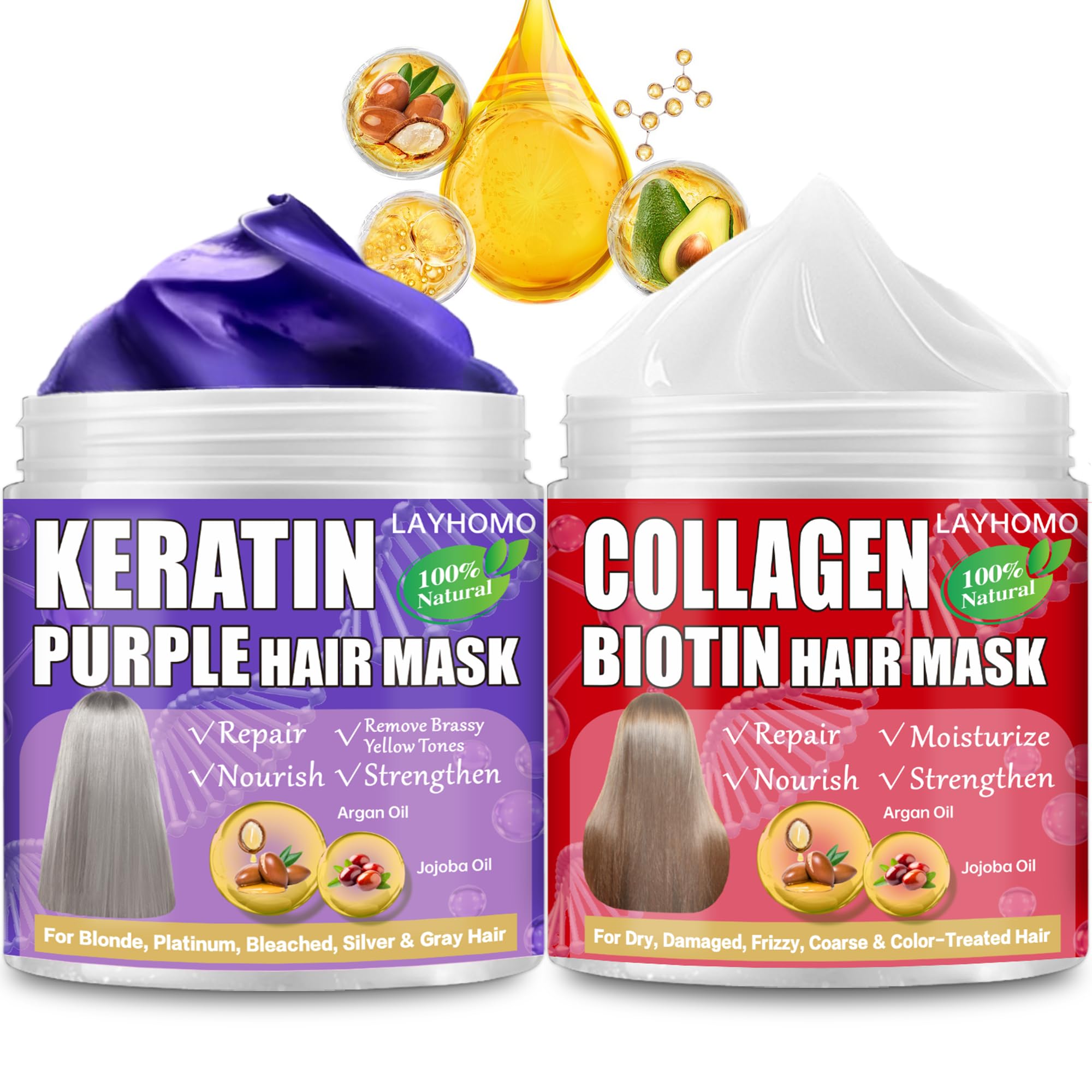 Keratin Hair Treatment-Purple Hair Mask Remove Brassy Yellow for Blonde,Platinum,Bleached Hair & Collagen Hair Mask With Biotin 