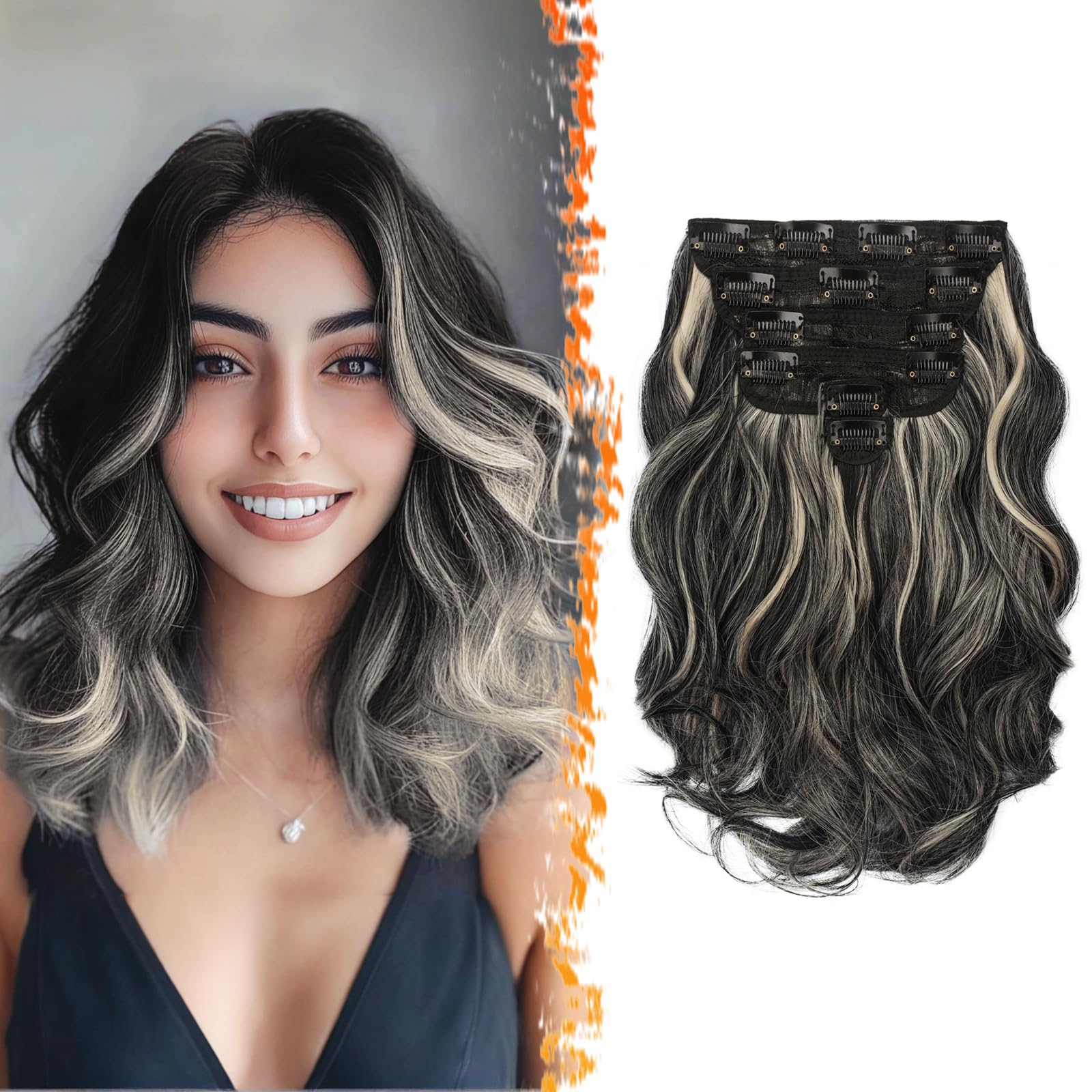 BARSDAR Wavy Clip in Hair Extensions - 12 Inch Highlight Clip in Hair Extensions for Women - 6PCs Thick Soft Synthetic Clip in H