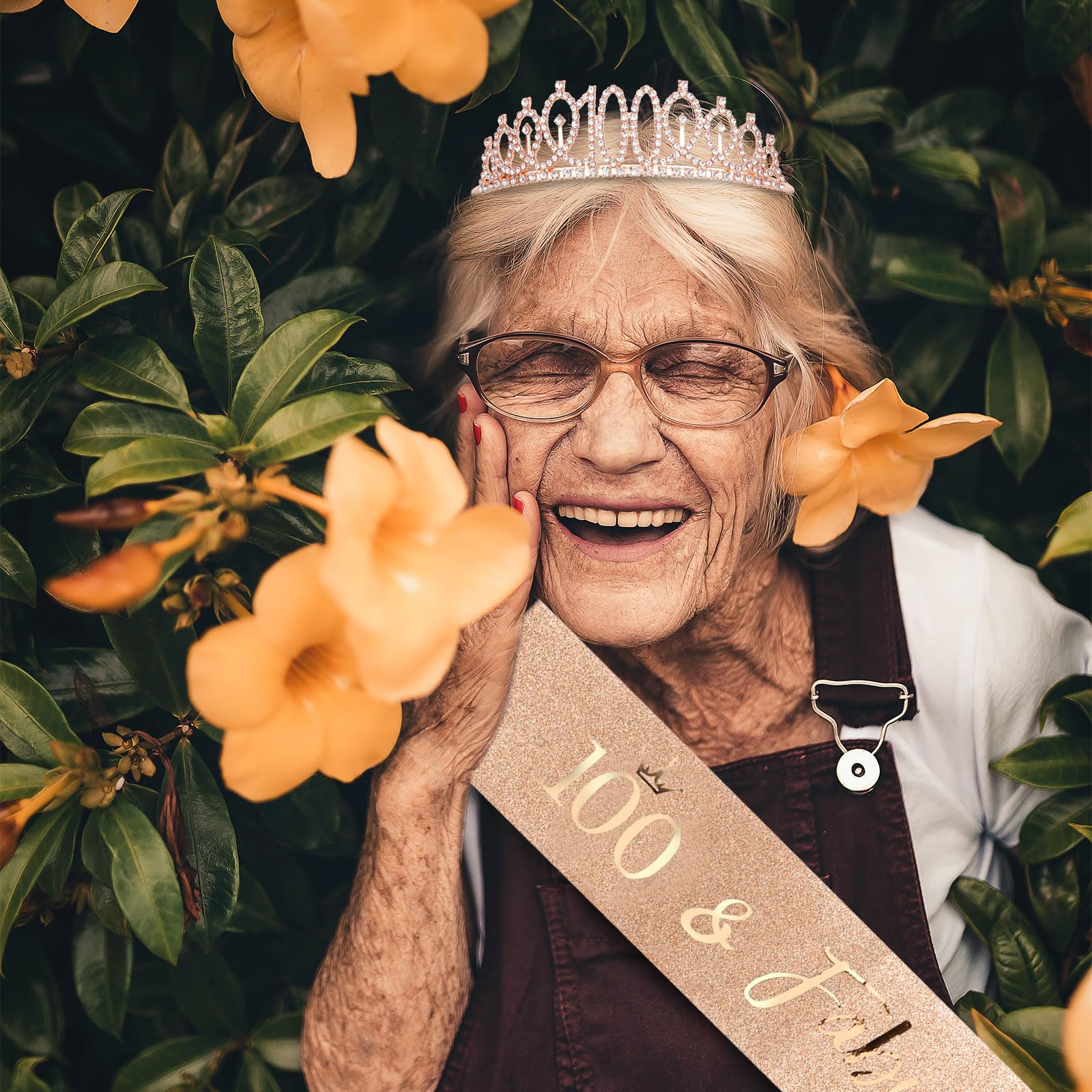 Cieher 100Th Birthday Crown + 100 & Fabulous Birthday Sash + Pearl Pin Set, 100Th Birthday Gifts For Women Friends 100Th Birthda