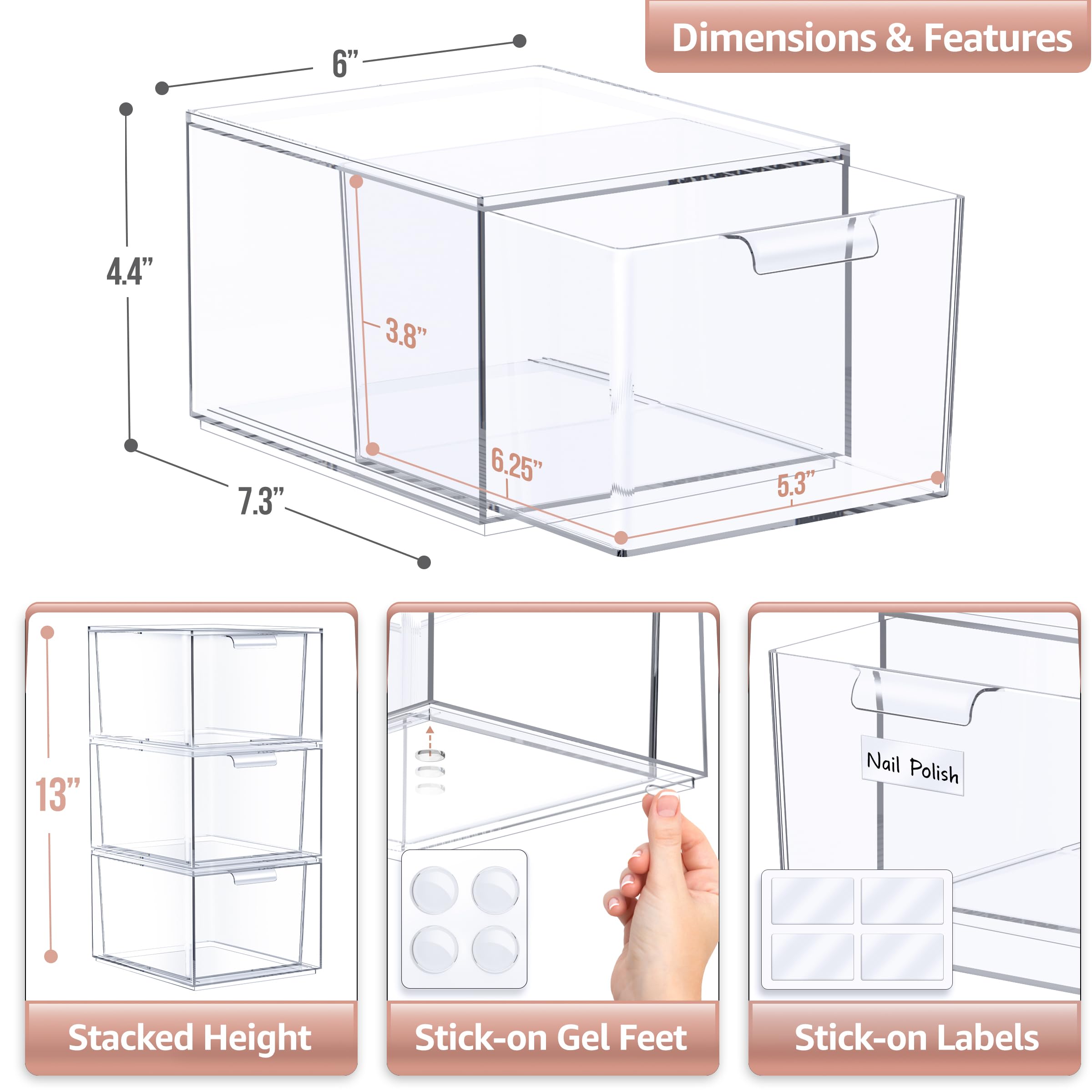 Sorbus 3 Pack Makeup Organizer - Clear Stackable Acrylic Drawer Organizer For Vanity, Bathroom, Undersink, Cabinets, Jewelry, St