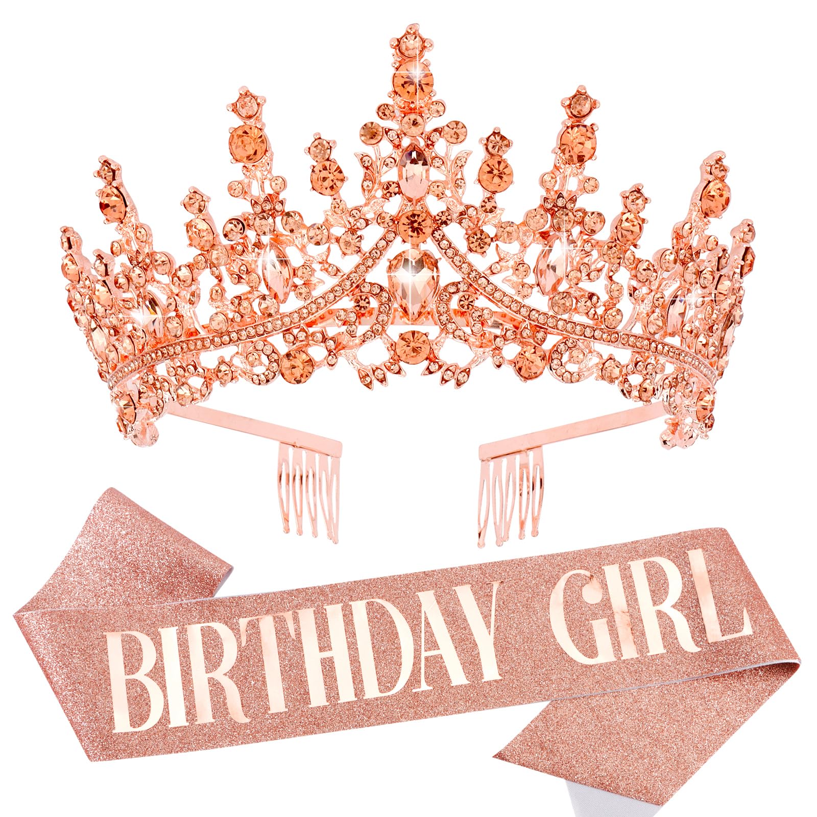 Velscrun Rose Gold Crystal Birthday Tiara Crowns for Women Girls Elegant Princess Crown with Combs Birthday Girl Headband Sash H