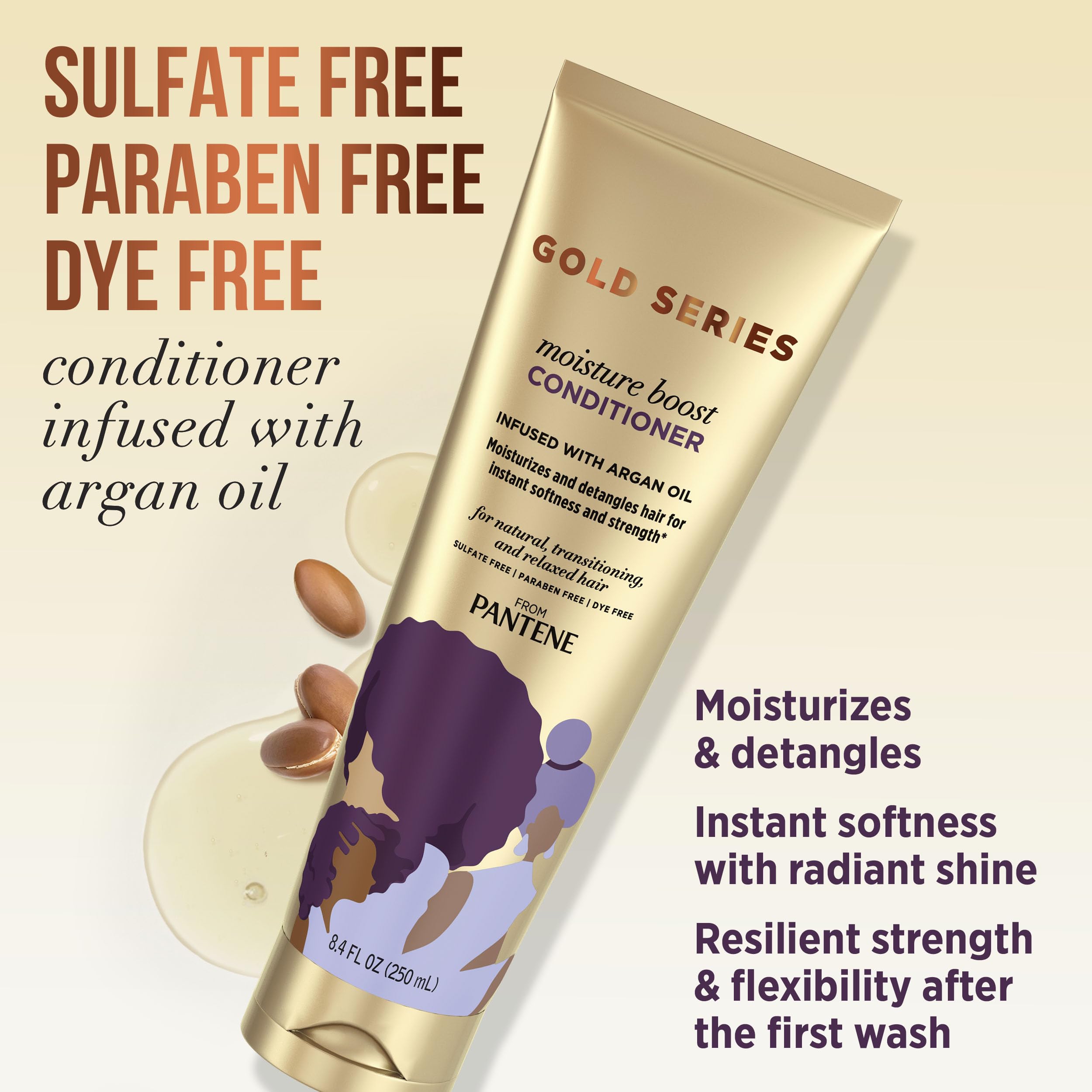 Pantene Shampoo and Sulfate Free Conditioner Kit, with Argan Oil, Pro-V Gold Series, for Natural and Curly Textured Hair, 16.9 f