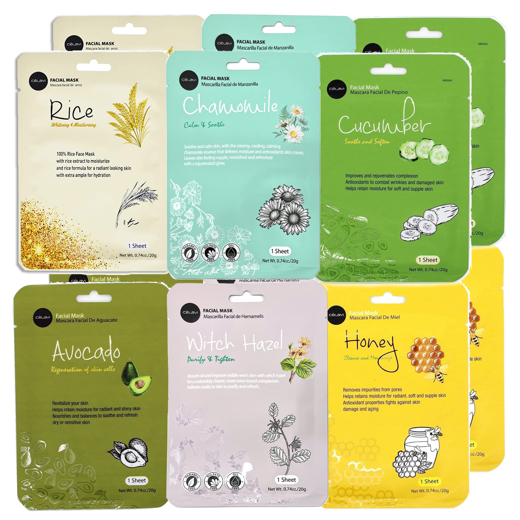 Celavi Essence Facial Face Mask K-Beauty Skincare Korea Skin Care Moisturizing (2 Of Each) B Set