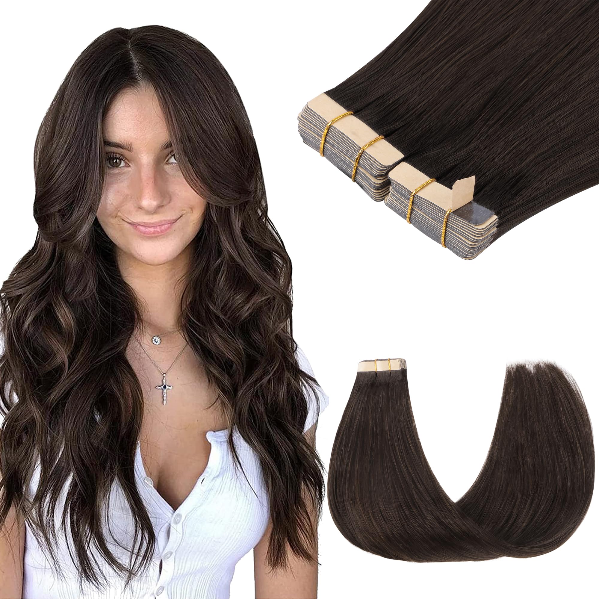 Goo Goo Tape In Hair Extensions Human Hair, 2A Light Brown, 22Inch 100G 40Pcs, Thick Ends Straight Seamless Tape In, Invisible T