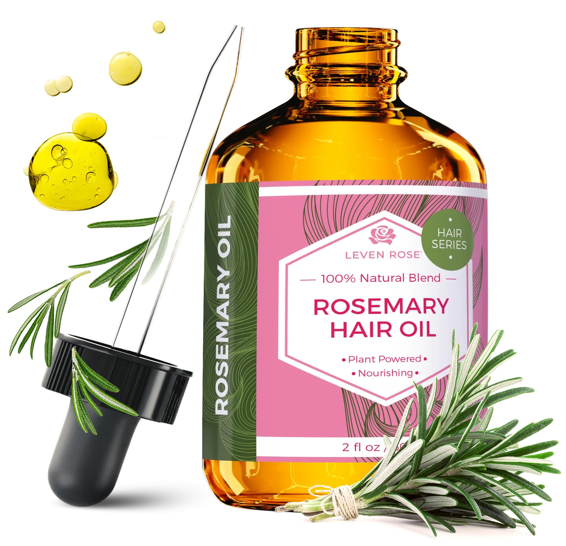 Leven Rose Organic Rosemary Hair Growth Oil With Castor, Rosemary, Peppermint, Jojoba, Argan, Pumpkin Seed, Horse Tail Extract,