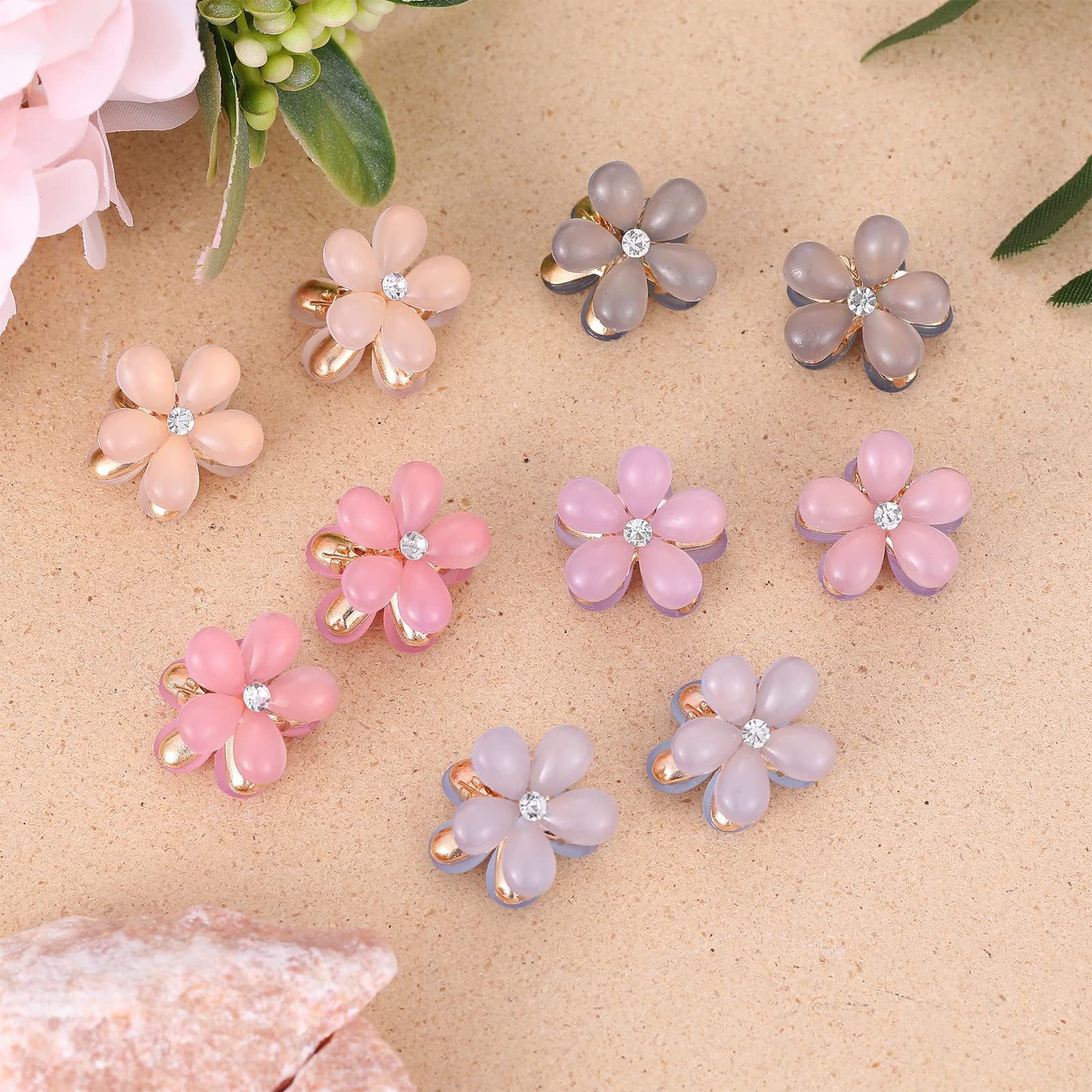 Paderison 10Pcs Flower Hair Clips for Girls Small Hair Claw Clips Mini Flower Hair Clips with Crystal Cute Metal Claw Clips Spar
