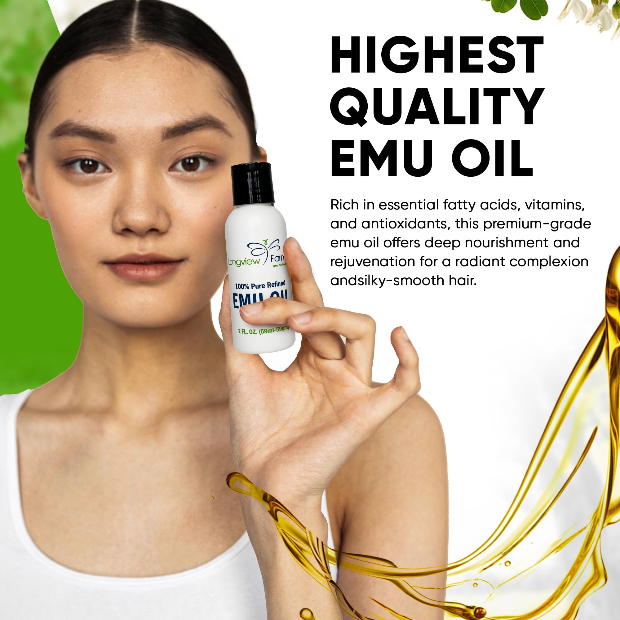Longview Farms Emu Oil - Hair And Body Oil - 100% Pure & Refined Emu Oil | Organic Emu Oil For Healing, Pain, & Hair Growth | Pr