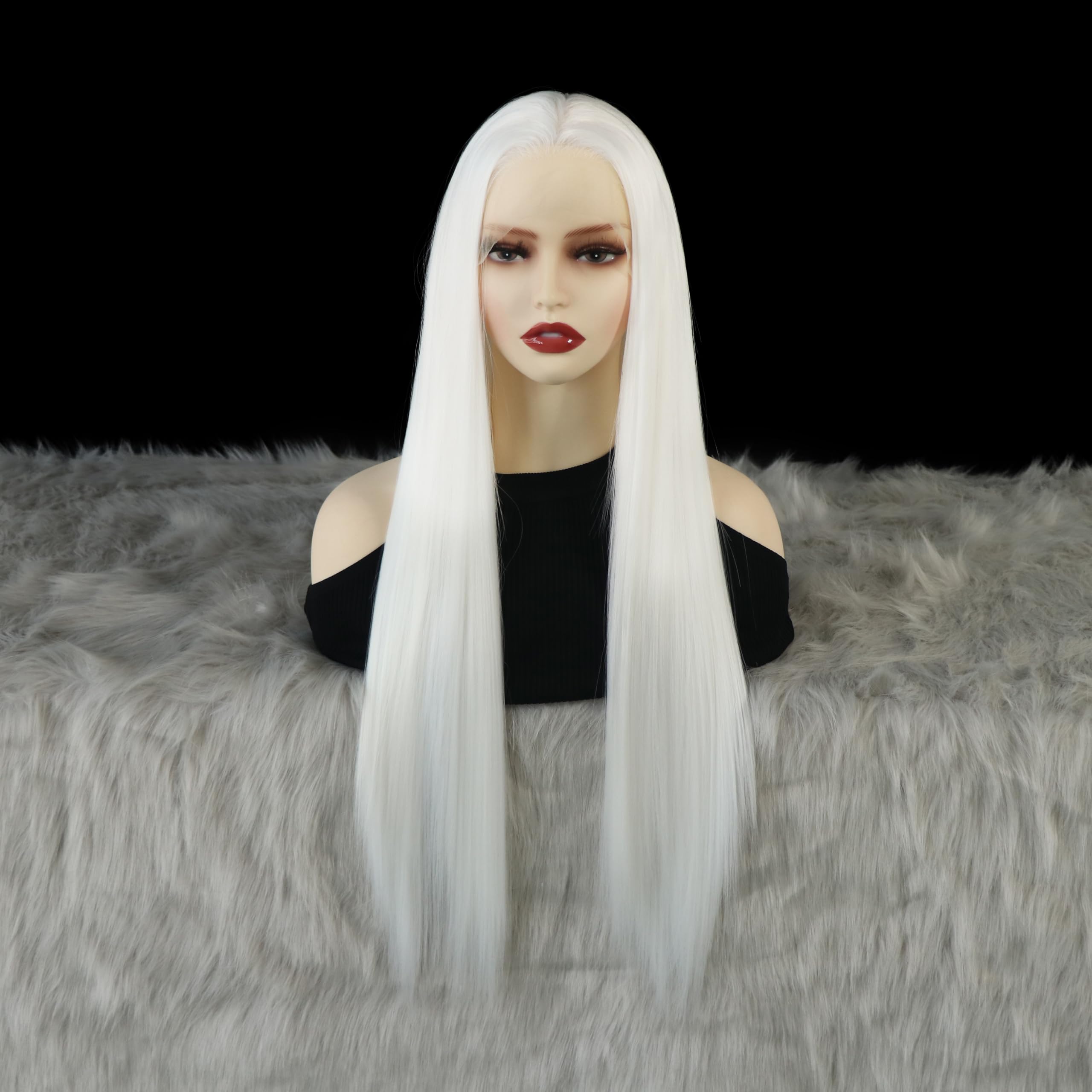 Wxhwcx White Synthetic Lace Front Wig Straight Free Part Heat Resistant Fiber Hair Glueless Lace Wigs For Women Party Use Lace W