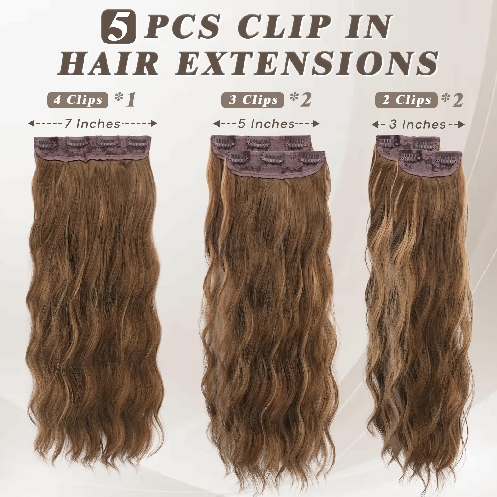 Barsdar Wavy Clip In Hair Extensions - 20 Inch Highlight Clip In Hair Extensions For Women - 5Pcs Thick Soft Synthetic Clip In H