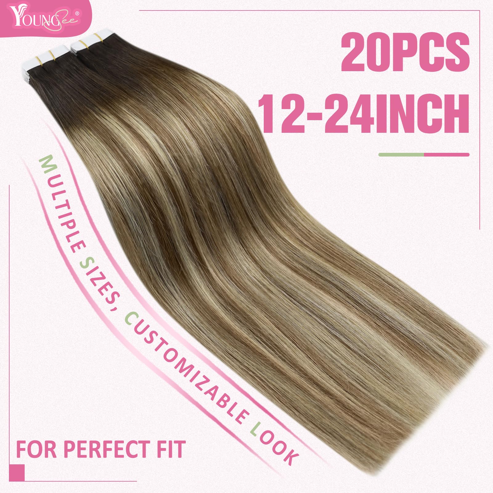 YoungSee Tape in Hair Extensions Human Hair Balayage Brown Hair Extensions Real Human Hair Tape in Dark Brown Ombre Medium Brown