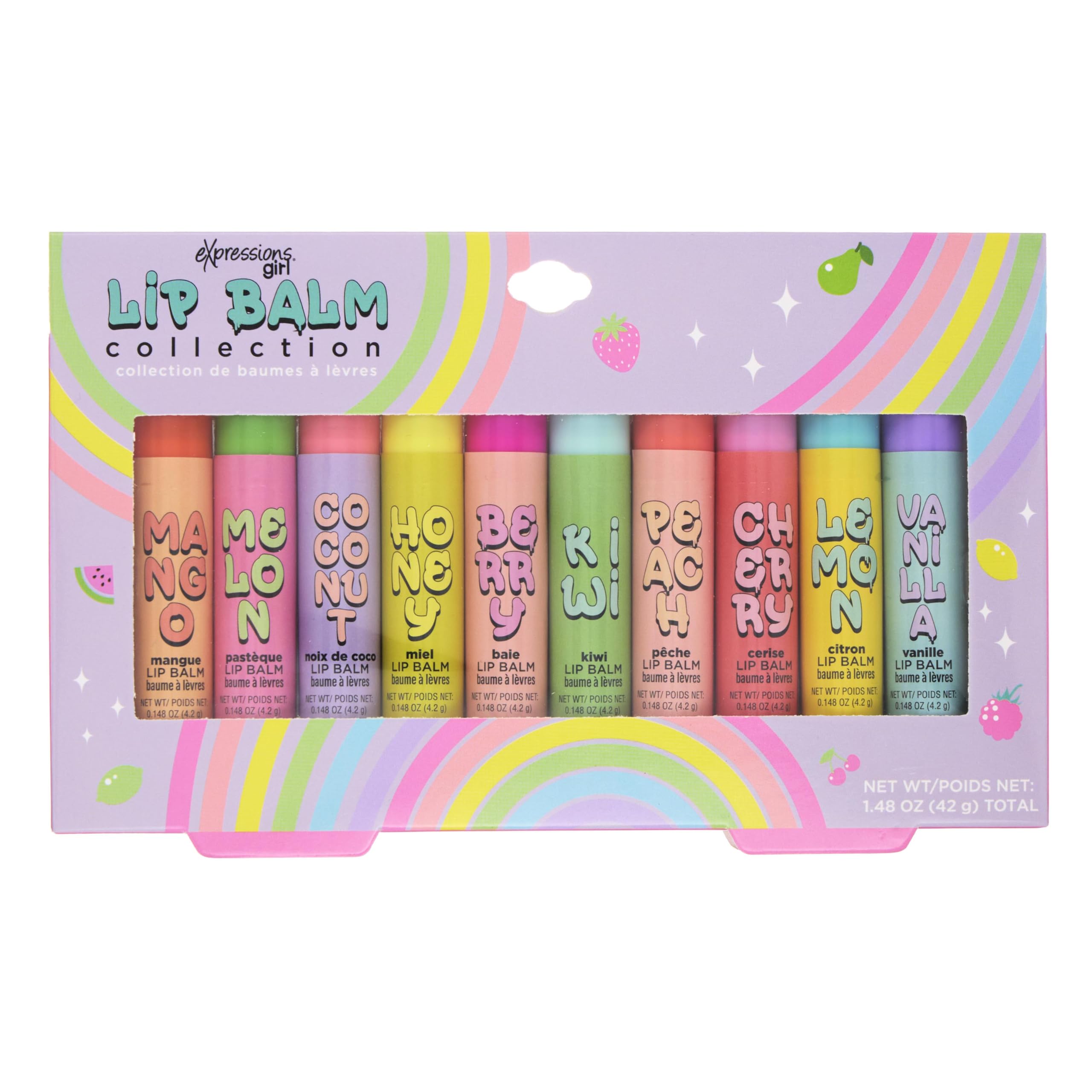 Expressions 10pc Fruity Lip Balm Collection - Hydrating Lip Balms Infused w/Fresh Fruity Flavors - Vitamin Enriched Nourishing L