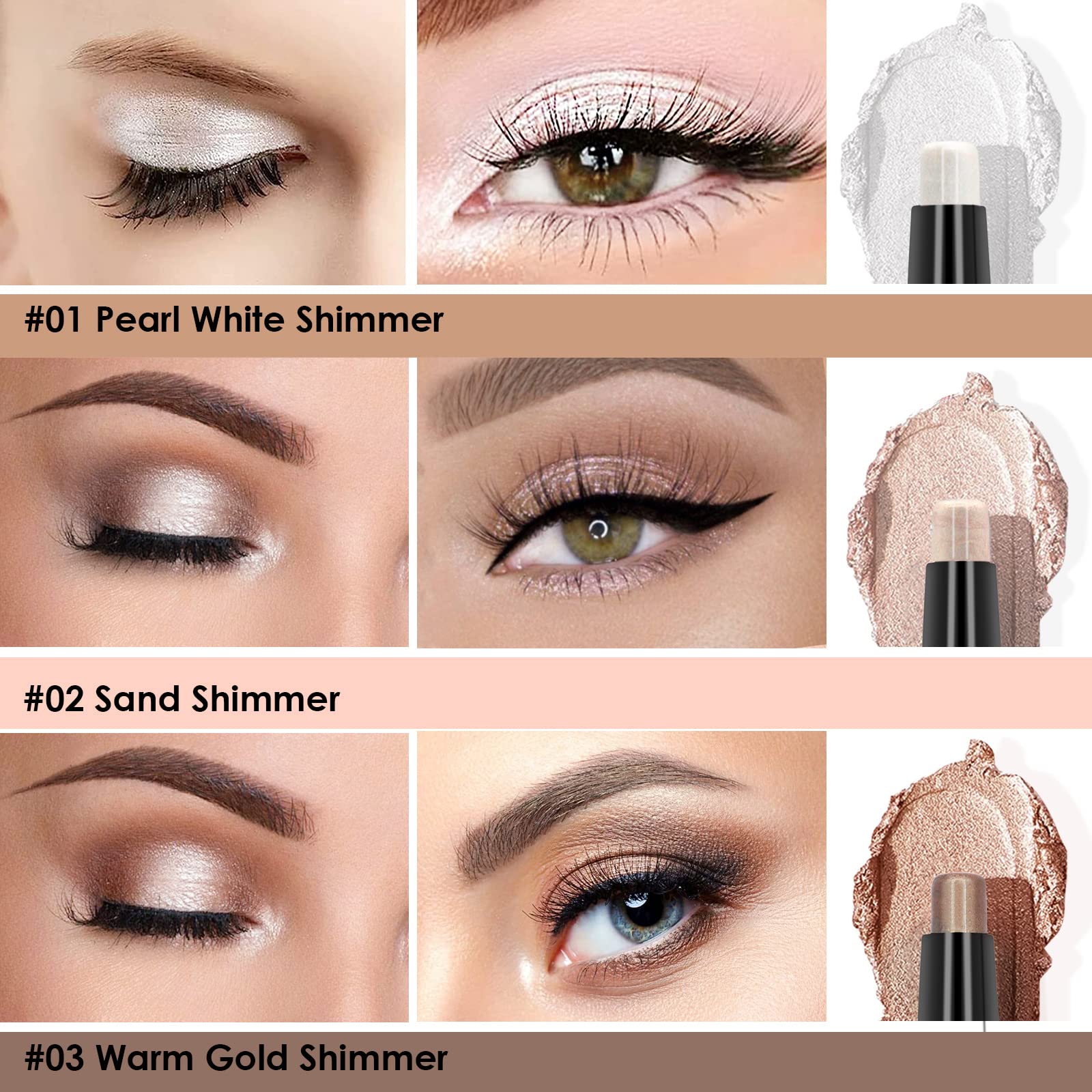 Popmisoler 3 Pcs Glitter Eyeshadow Stick Sets, Smudge Proof Cream Eye Shadow Sticks Brown Eyeshadow Pencil With Soft Smudger Wat