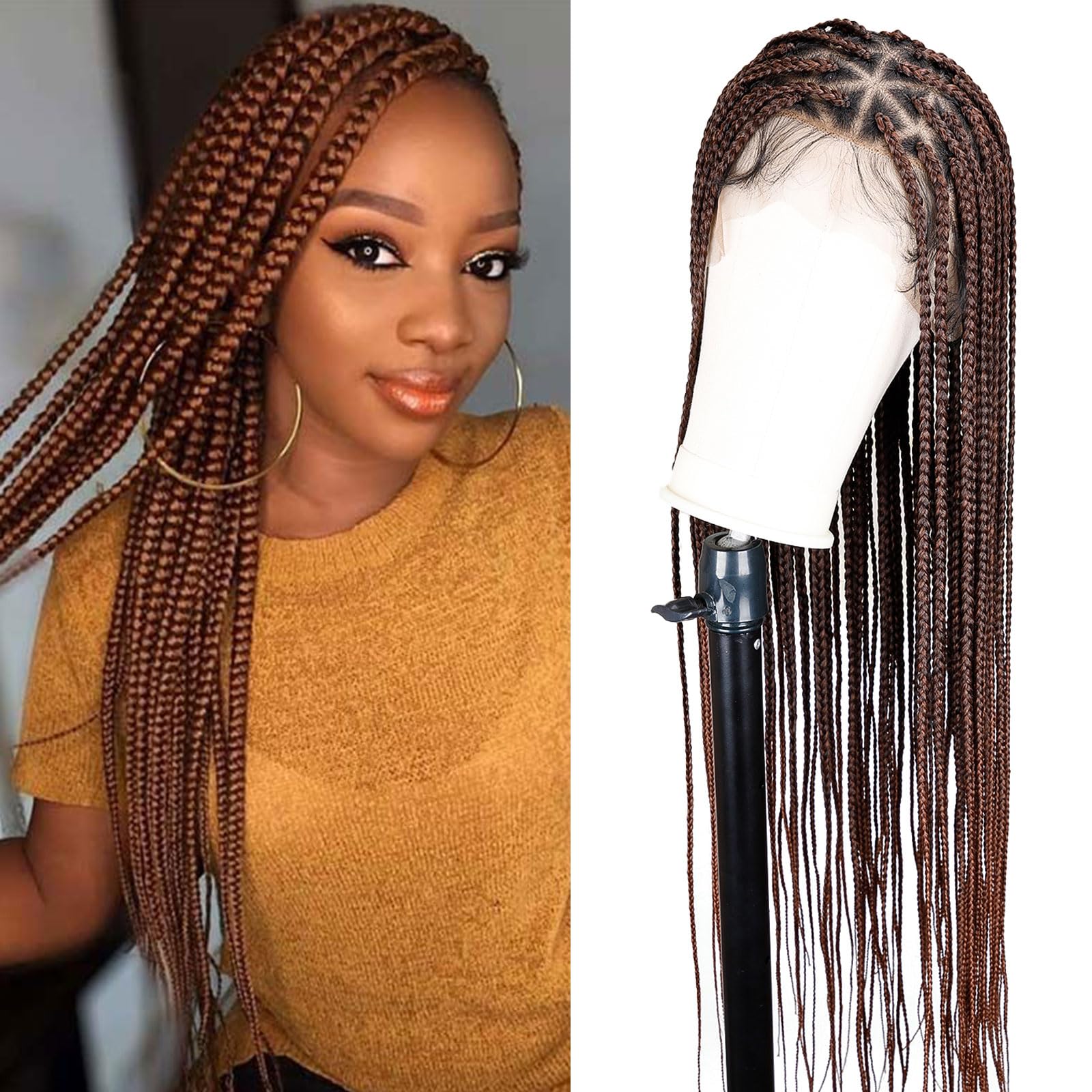 KRALER 36 inch Box Braided Wigs for Black Women, Ombre Auburn Knotless Triangle Based Small Box Braids Wig, Embroidery Full Doub
