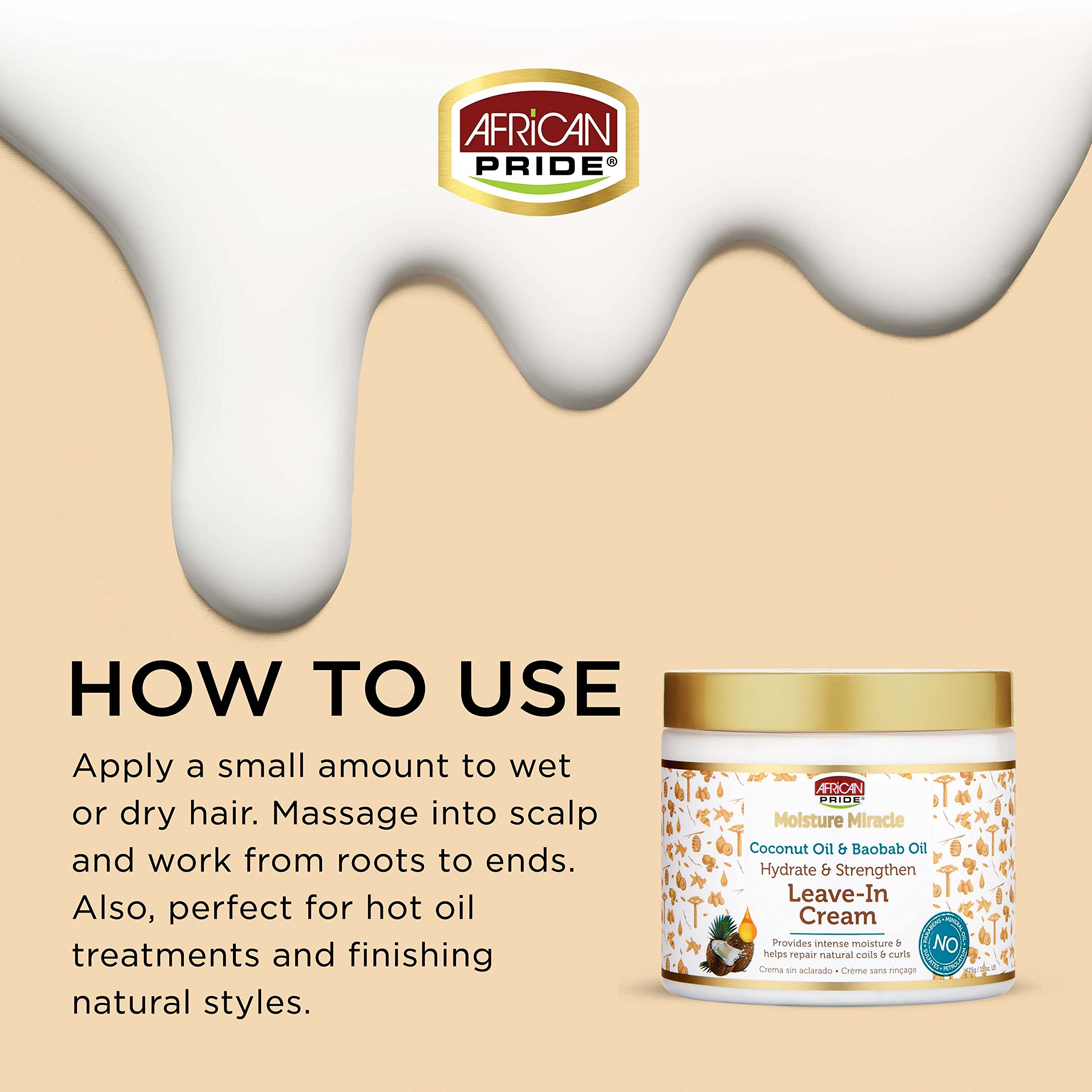 African Pride Moisture Miracle Coconut Oil & Baobab Oil Leave-In Cream - Provides Intense Moisture & Helps Repair Natural Coils