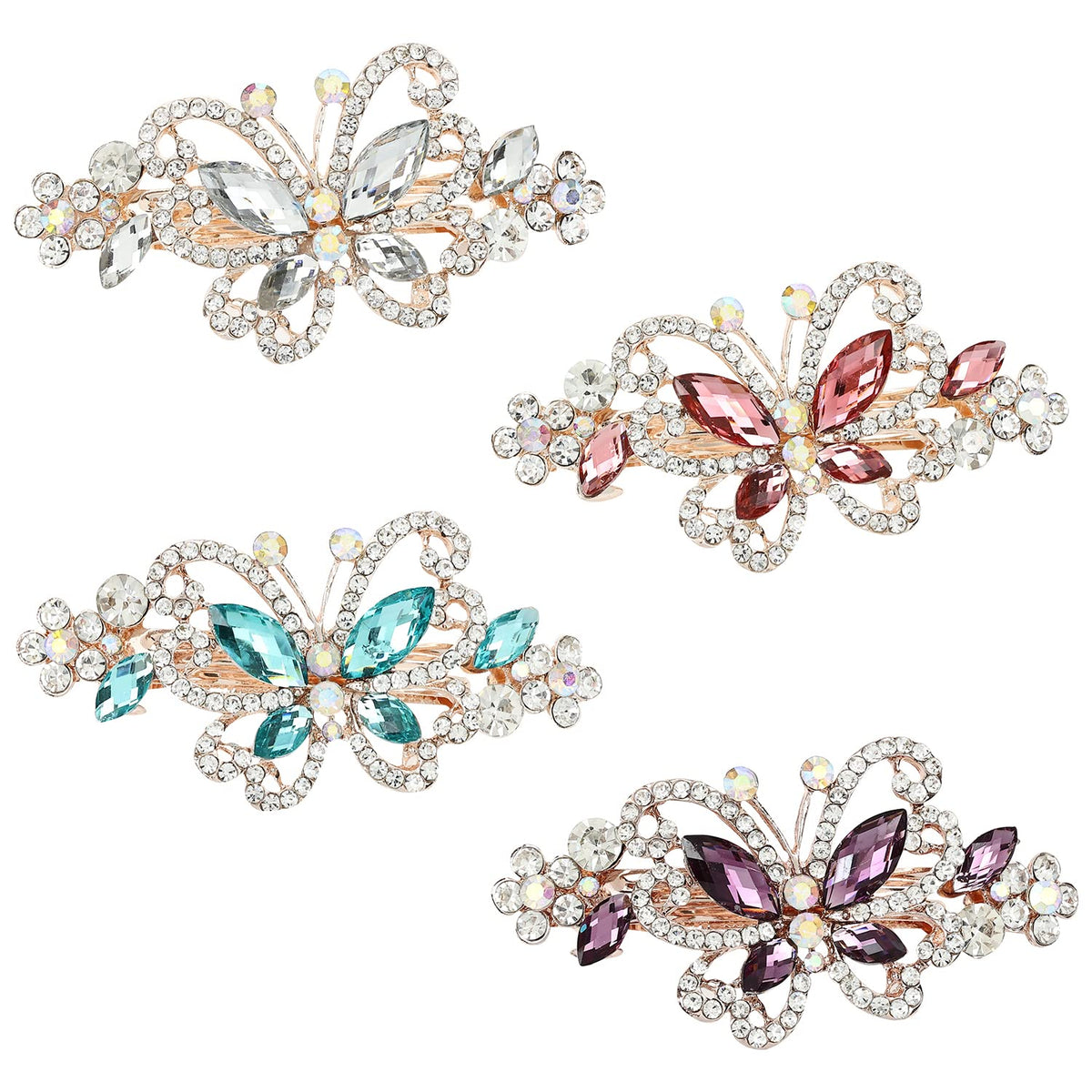 inSowni 4 Pack Luxury Glitter Sparkly Jeweled Gems Crystal Rhinestone Butterfly Metal French Barrettes Alligator Snap Hair Clips
