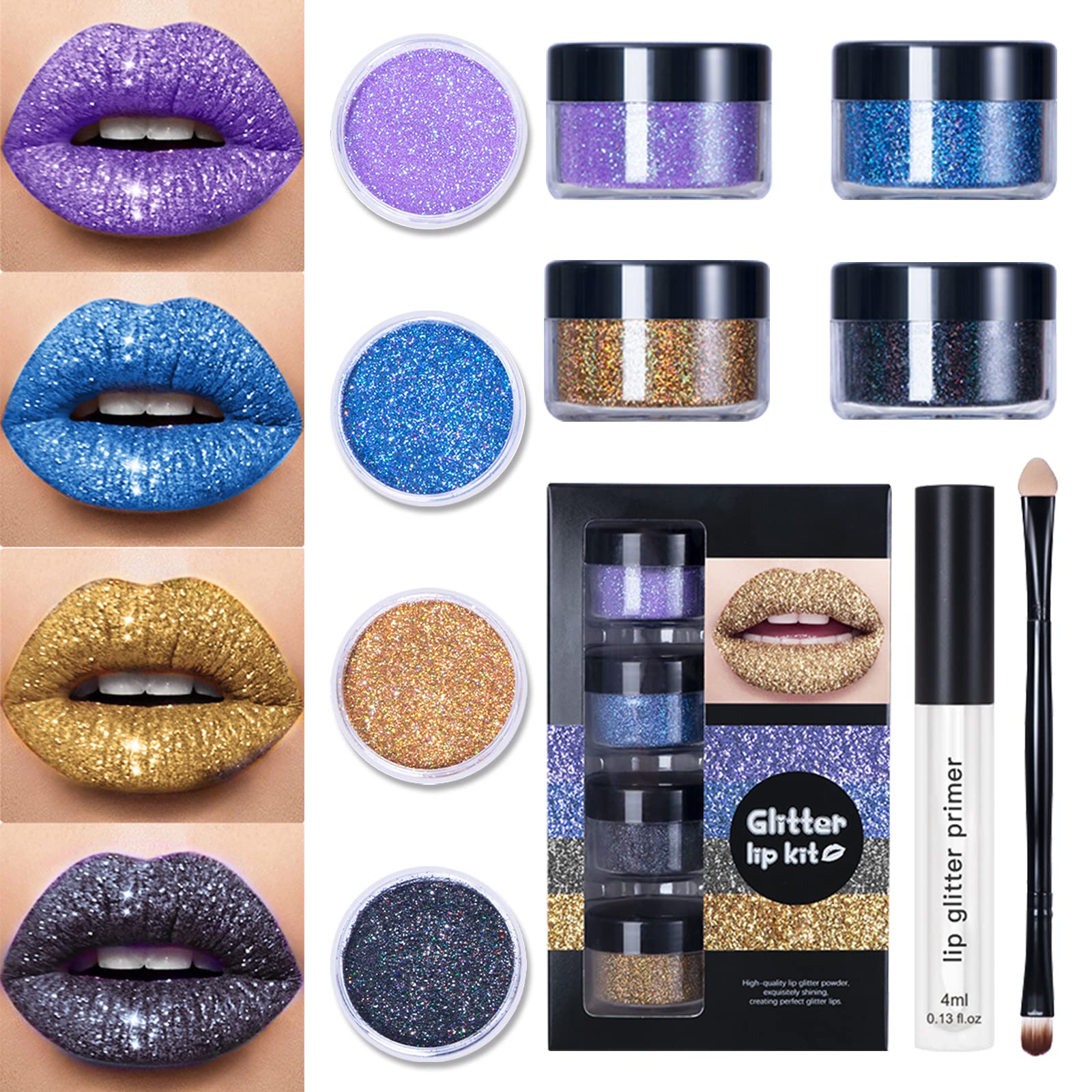 Lokfar 4 Colors Glitter Lip Kit, Shiny Diamond And Metallic Lip Glitter Makeup Lipstick Lip Gloss Glitter Lipstick, Waterproof &