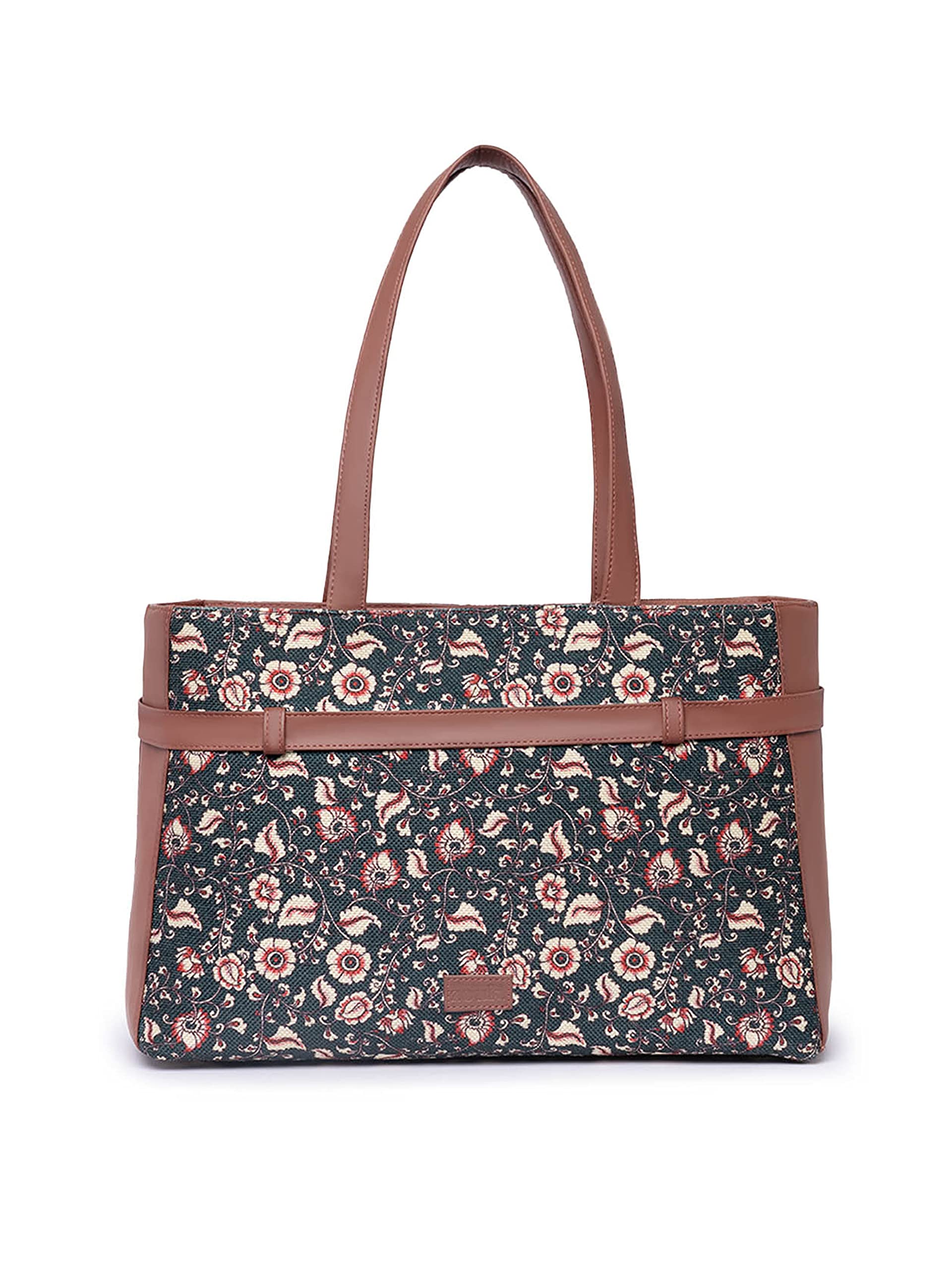 Zouk Chittoor Blue Kalamkari Floral Printed WomenS Jute Handcrafted Vegan Leather Blue Statement Office Shoulder Bag