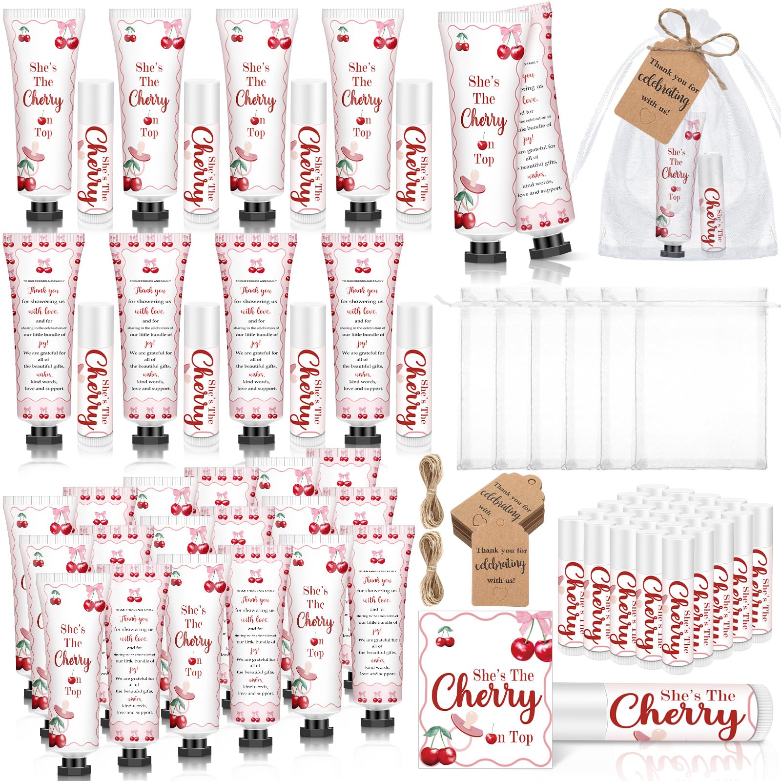 Dimsile 25 Sets 100 Pcs Cherry Baby Shower Gifts Bulk Hand Lotion and Lip Balm Party Favors Theme Baby Shower Travel Size Hand L