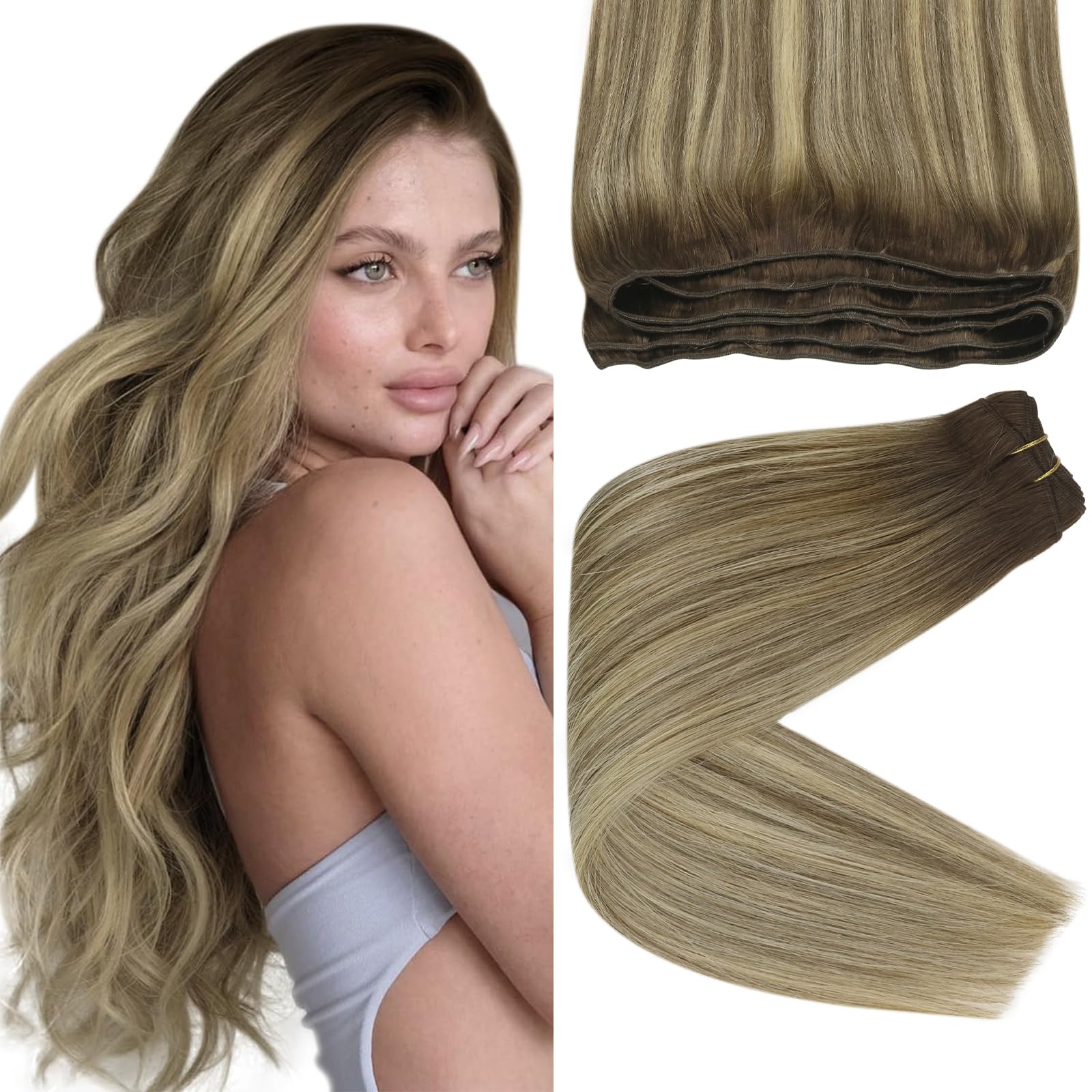 Sunny 24inch Human Hair Weft Extensions Balayage Sew in Real Human Hair Extensions Ombre Dark Brown to Light Brown Blonde Weft H