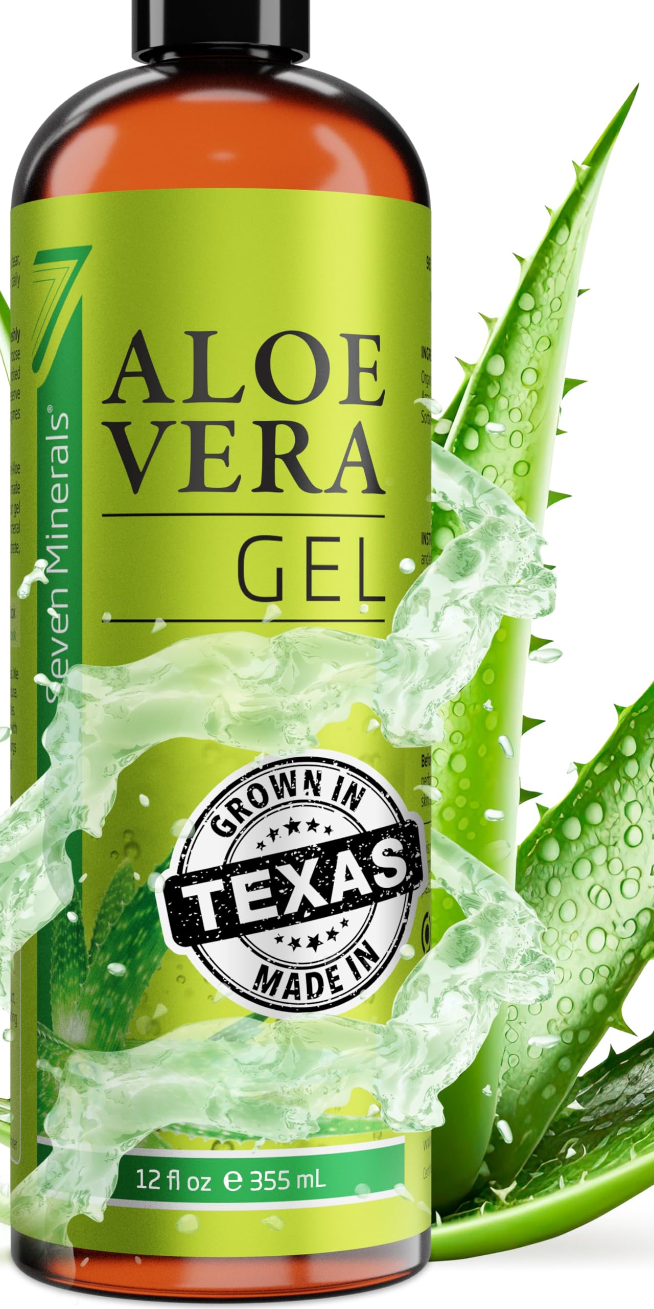 Seven Minerals Aloe Vera Gel - 99% Organic, Big 12 oz - NO XANTHAN, so it Absorbs Rapidly with No Sticky Residue - Made from Rea