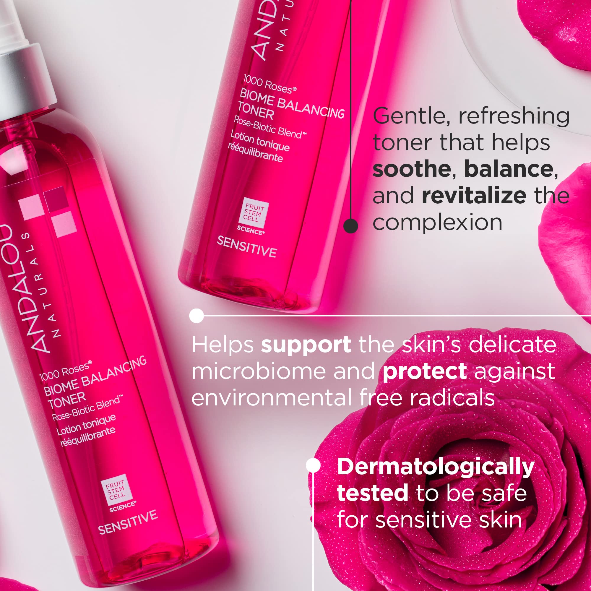 Andalou Naturals Toner, 1000 Roses Biome Balancing Facial Toner, Refreshing & Gentle on Sensitive Skin, Rose-Biotic Blend to Hel