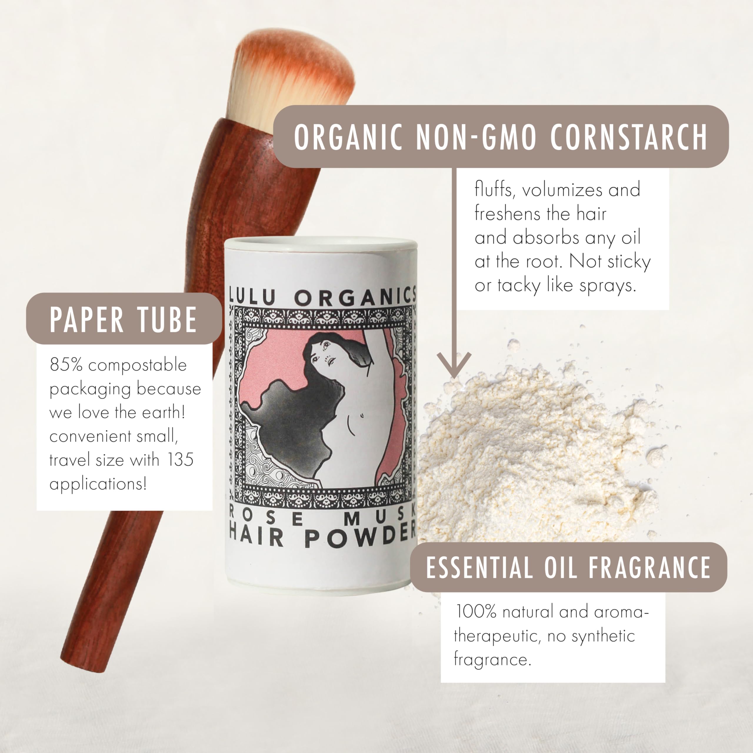 Lulu Organics Dry Shampoo, All Natural, Paraben Free, Talc Free, Rose Musk, 1 Oz, Ideal For Oily Hair And Every Hair Color, Trav