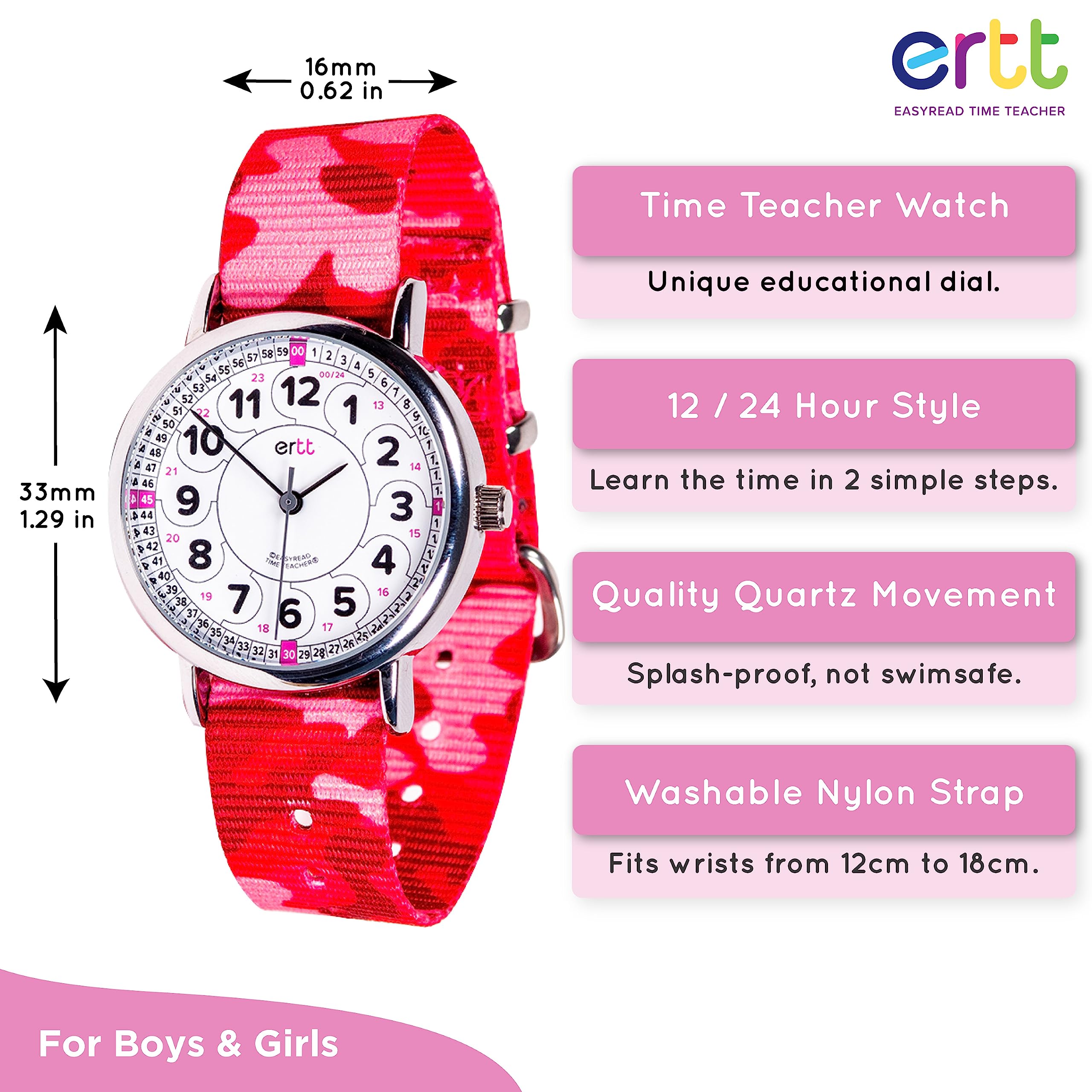 EasyRead Time Teacher Analog Watch for Kids, Fun and Easy to Learn, with 33mm Alloy Case and Nylon Strap, Includes Battery