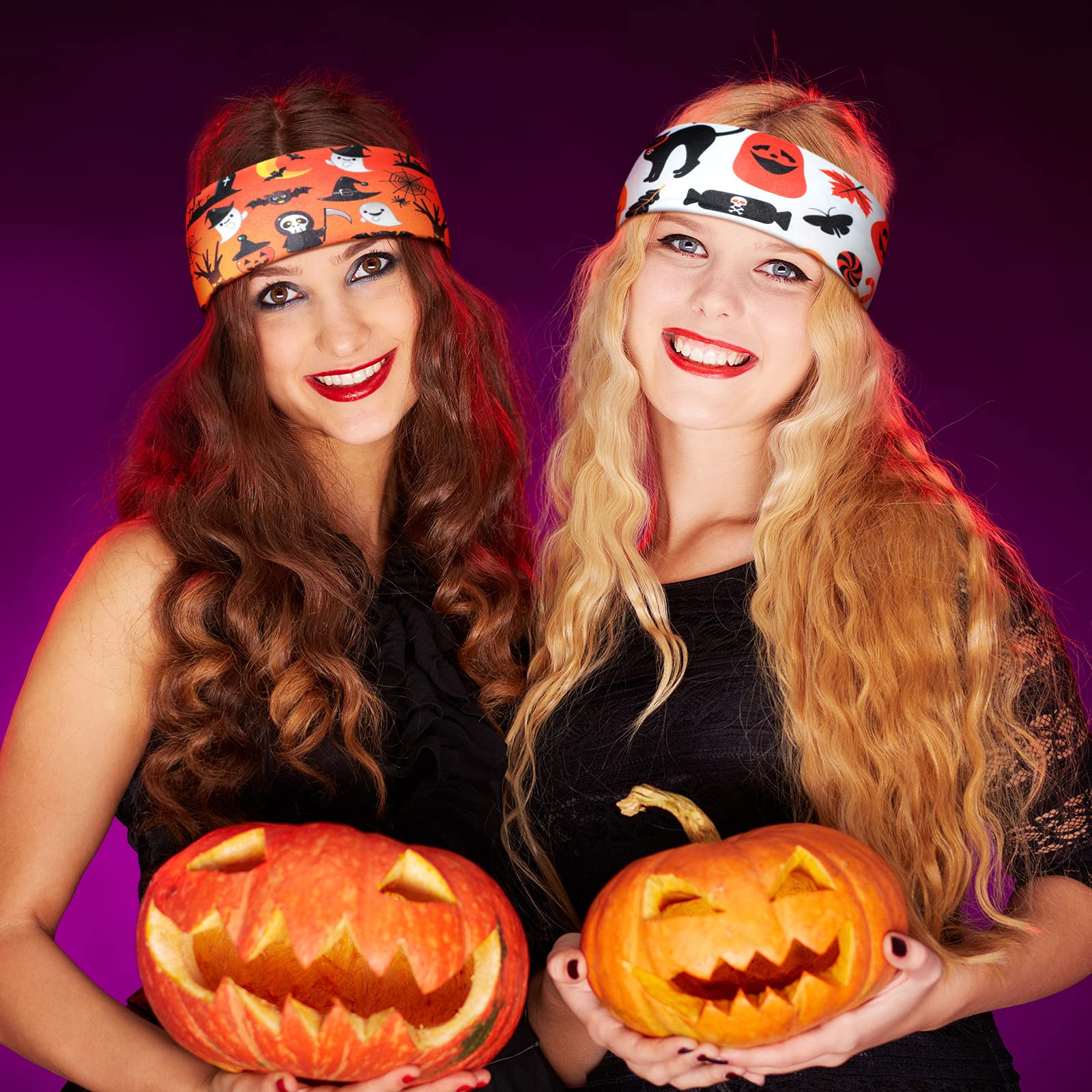 Waydress 12 Pcs Halloween Headbands for Women Halloween Hair Accessories Pumpkin Ghost Skeleton Stretchy Breathable Non Slip Hai