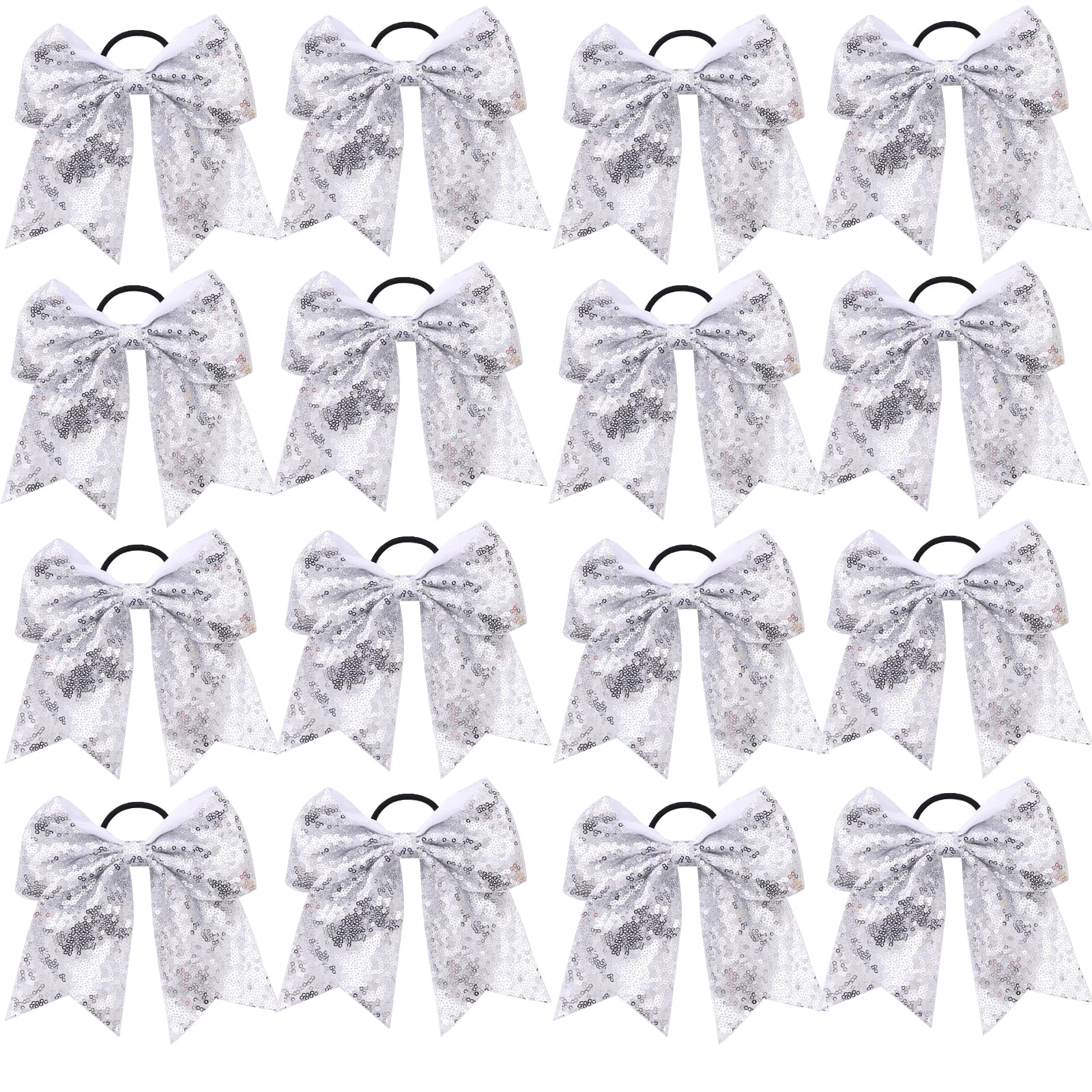 16 PCS Large Glitter Silver Cheer Hair Bows, Shiny Cheerleading Bows Ponytail Holder for Cheerleader Girls Softball Sports and C