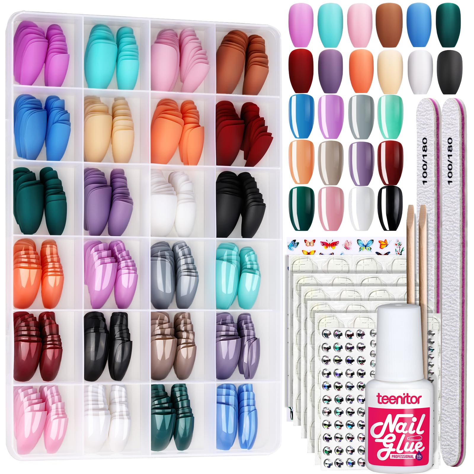 Teenitor 24 Pack 576 PCS Press On Nails Medium Length Coffin Glue On Nails, Coffin Shape Press On Nails Set, 12 Colors Coffin Ma