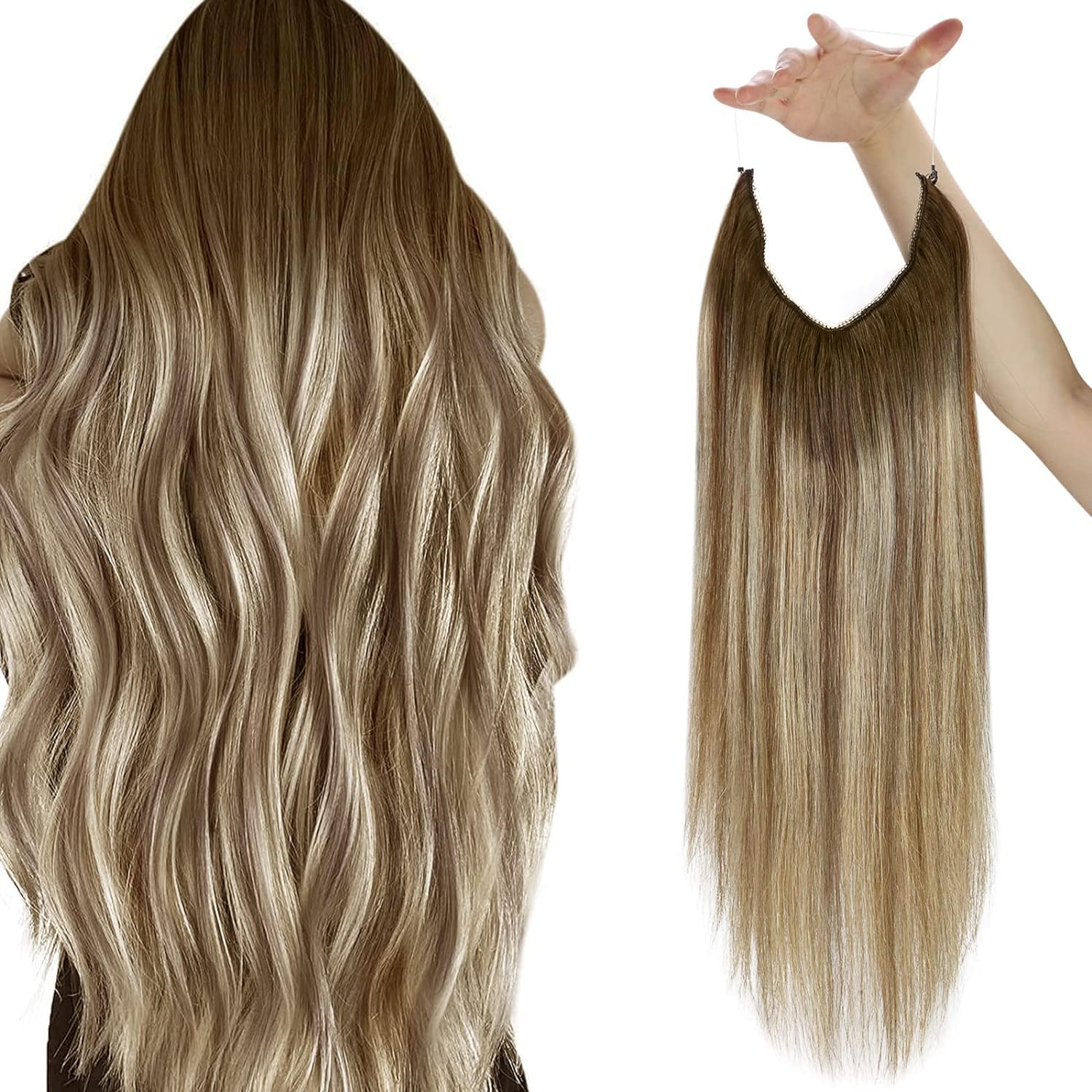 Sunny Wire Human Hair Extensions 20inch Ombre Fishing Wire Hair Extensions Medium Brown Roots to Platinum Blonde Balayage Hair E