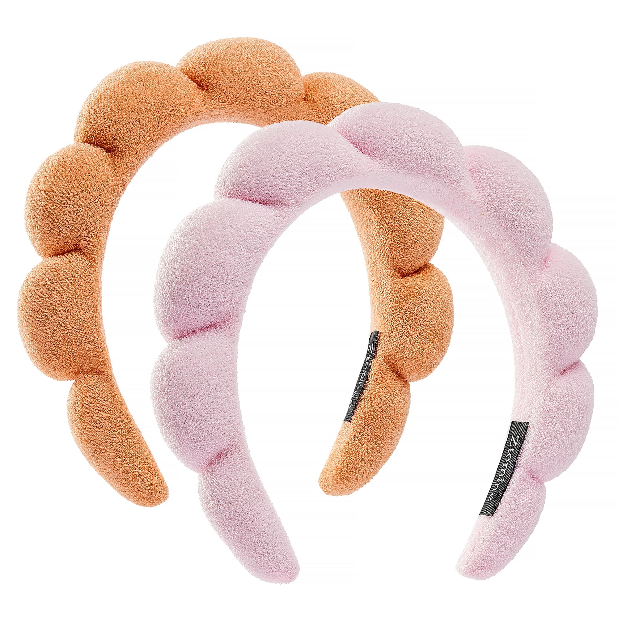 Ztomine Spa Headbands, Set of 2 - Terry Cloth Face Wash Headbands for Women - Puffy Makeup Headbands for Facial, Mask (Pink, Ora