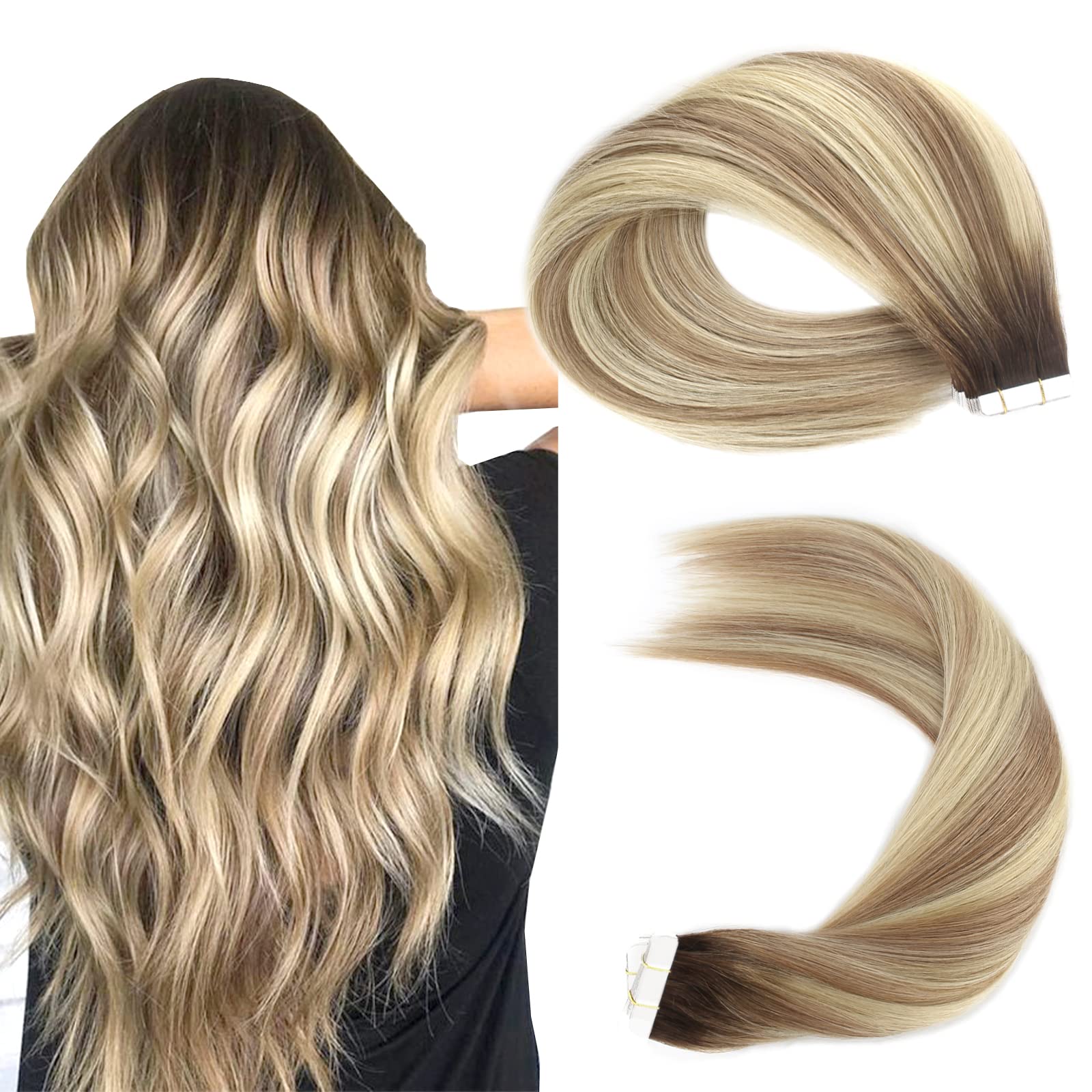 Sassina 16 Inch Invisible Tape In Hair Extensions Human Hair Rooted Brown To Blonde Real Hair Extensions Tape In Double Side Glu