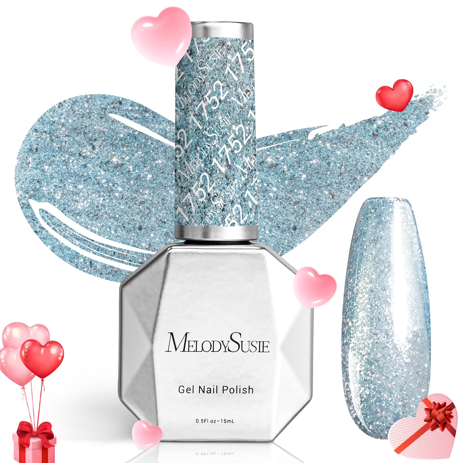 MelodySusie Blue Glitter Gel Polish,0.5fl oz Snowflake Blue Shimmer Nails Soak Off UV LED Lake Blue Sparkle Gel Polish Gift for 