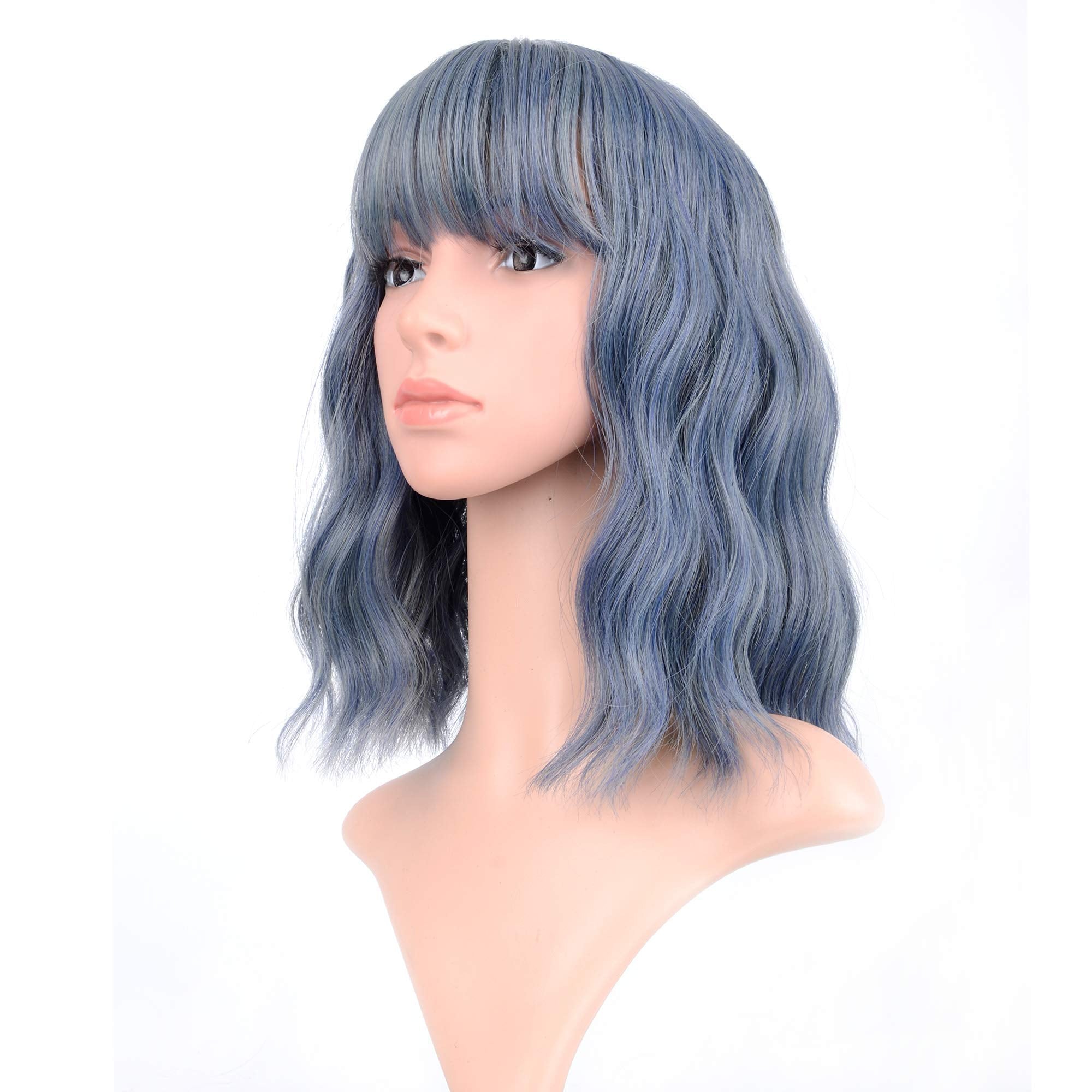 VCKOVCKO Wavy Wig Short Bob Wigs With Air Bangs Shoulder Length Women's Short Wig Curly Wavy Synthetic Cosplay Wig Pastel Bob Wi