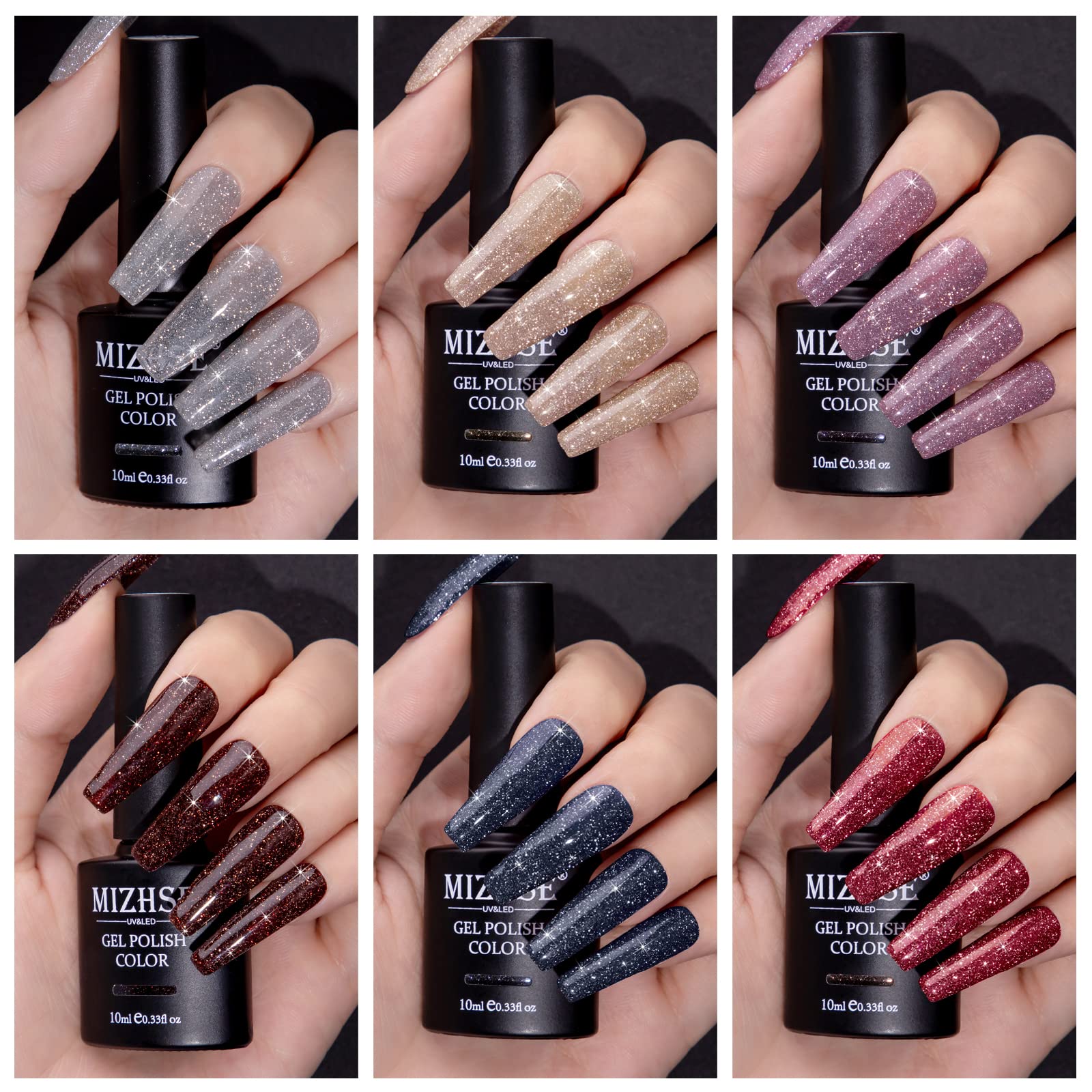 MIZHSE Reflective Glitter Gel Nail Polish, Shimmery Gel Polish Set 10ml Sparkly Shiny Gel Soak Off UV LED Nail Art Varnish Manic