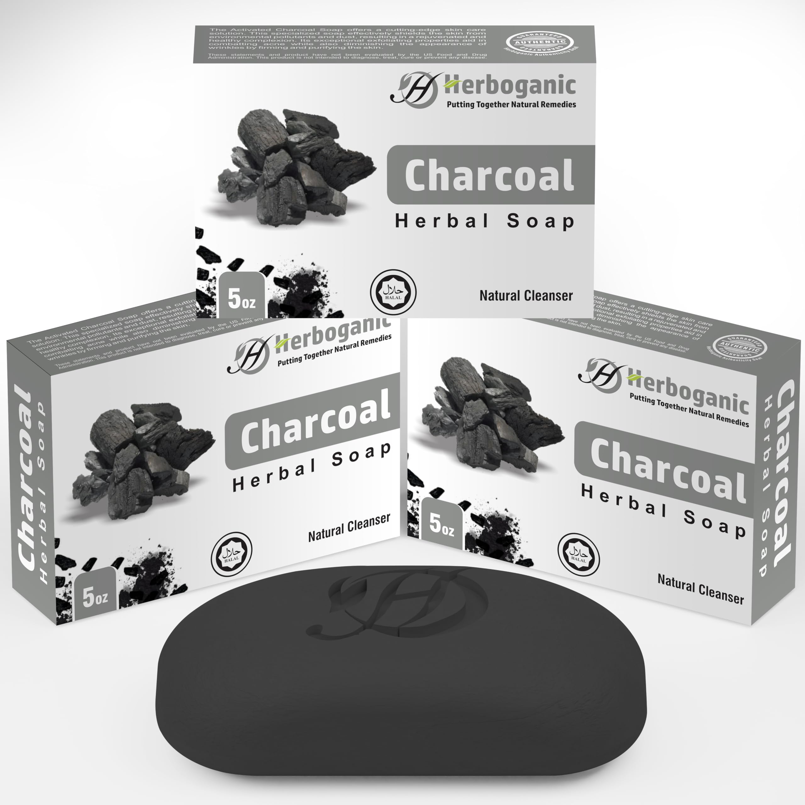 HERBOGANIC Charcoal Herbal Soap | Pack of 3 of 5oz soap Bar | Natural Bar Soap for Face and Body | Hydrating and Nourishing | Su